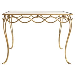 René Drouet - 20th Century Coffee Table in Gilded Metal and Eglomized Mirror Top
