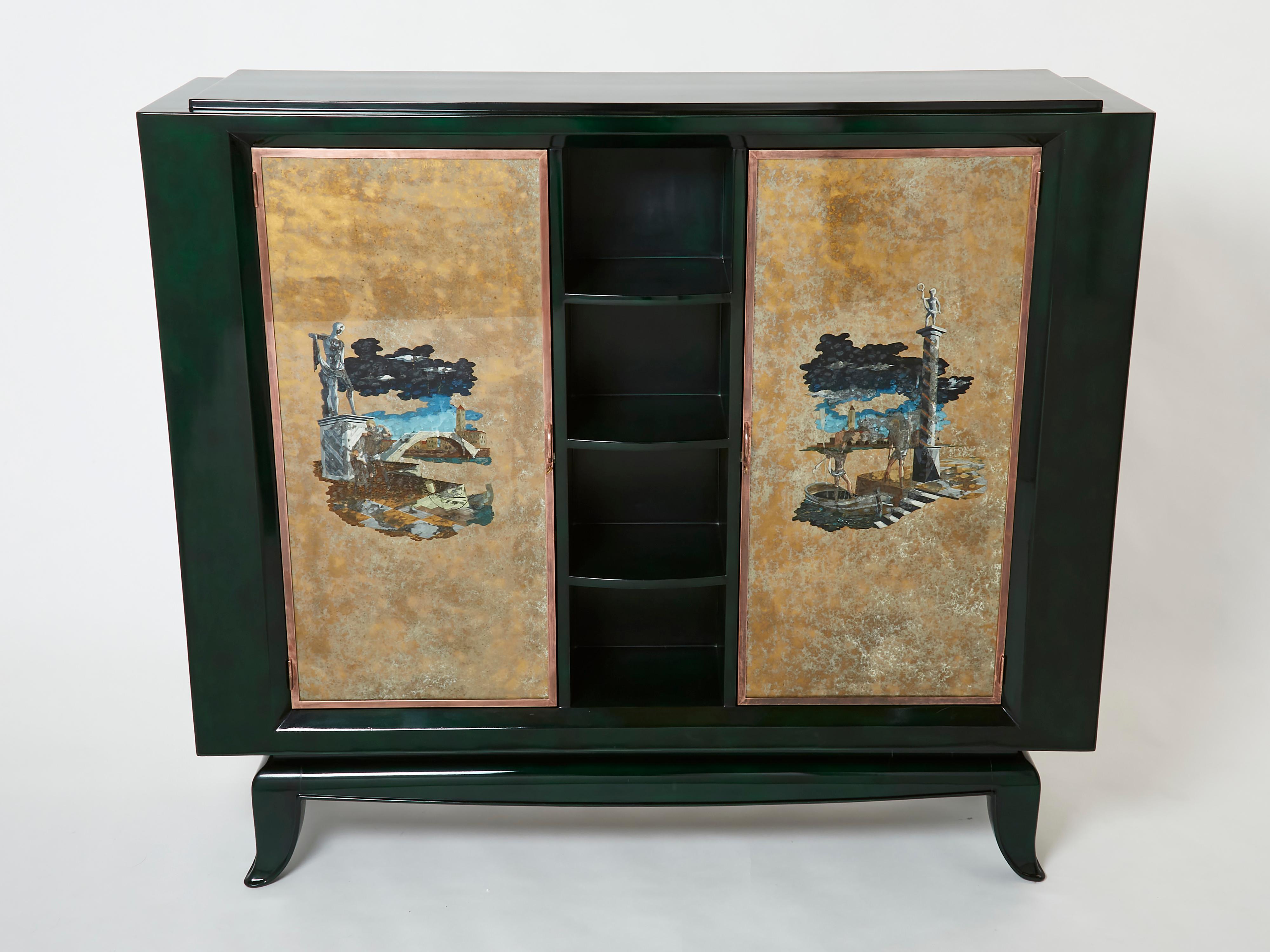 Unique Art deco storage cabinet in dark green lacquer made in 1938 from a collaboration between René Drouet and Pierre Adrien Ekman. It features four central niches and two painted mirror doors decorated by Ekman. Pierre Adrien Ekman was a very