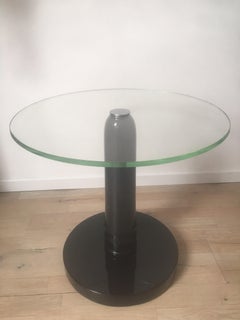 René Drouet Brown Lacquer Wood Coffee Table, Circular Glass Slab Top, 1930