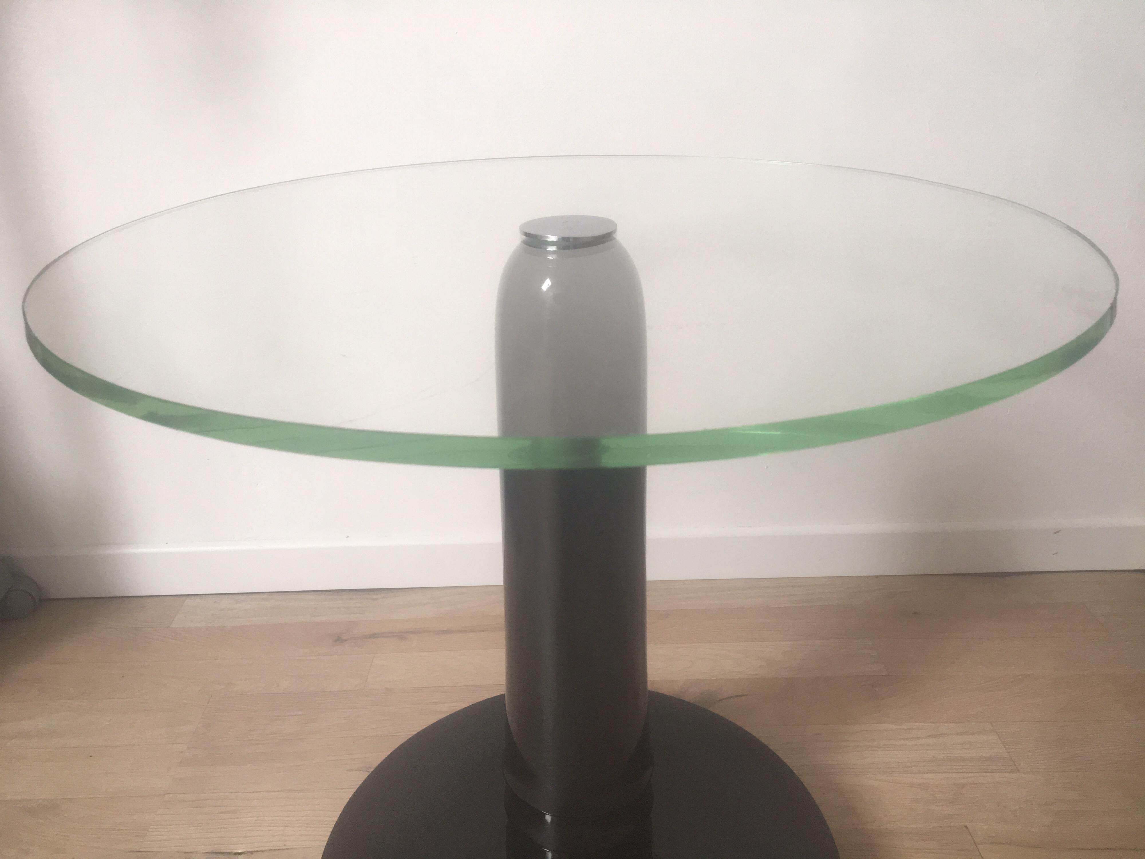 Art Deco René Drouet Brown Lacquer Wood Coffee Table, Circular Glass Slab Top, 1930 For Sale