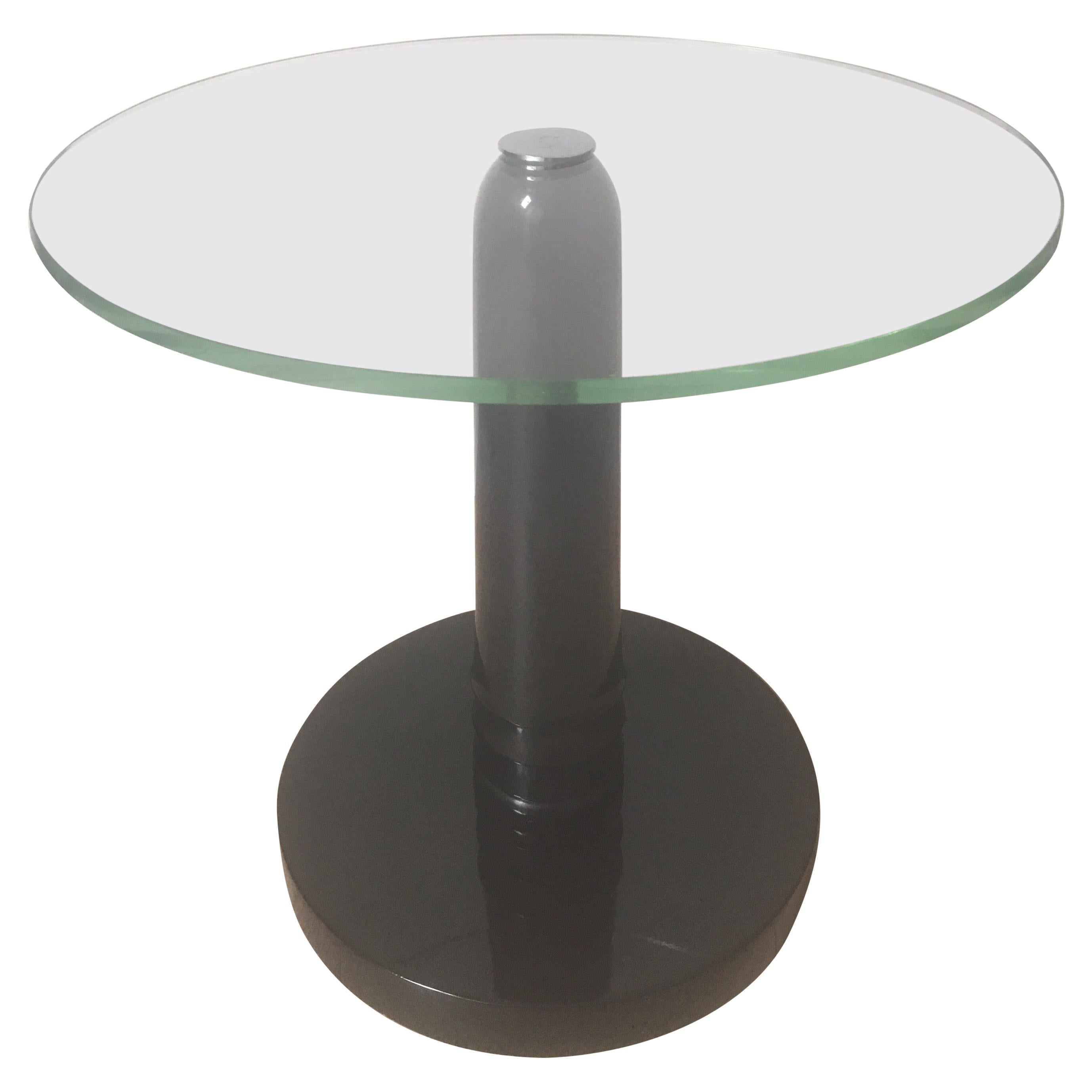 René Drouet Brown Lacquer Wood Coffee Table, Circular Glass Slab Top, 1930 For Sale