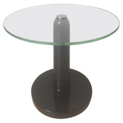 René Drouet Brown Lacquer Wood Coffee Table, Circular Glass Slab Top, 1930