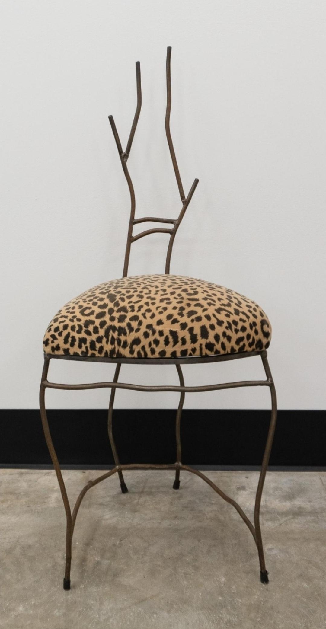 Unknown Rene Drouet Contemporary Patinated Metal & Leopard Print Upholstered Side Chair