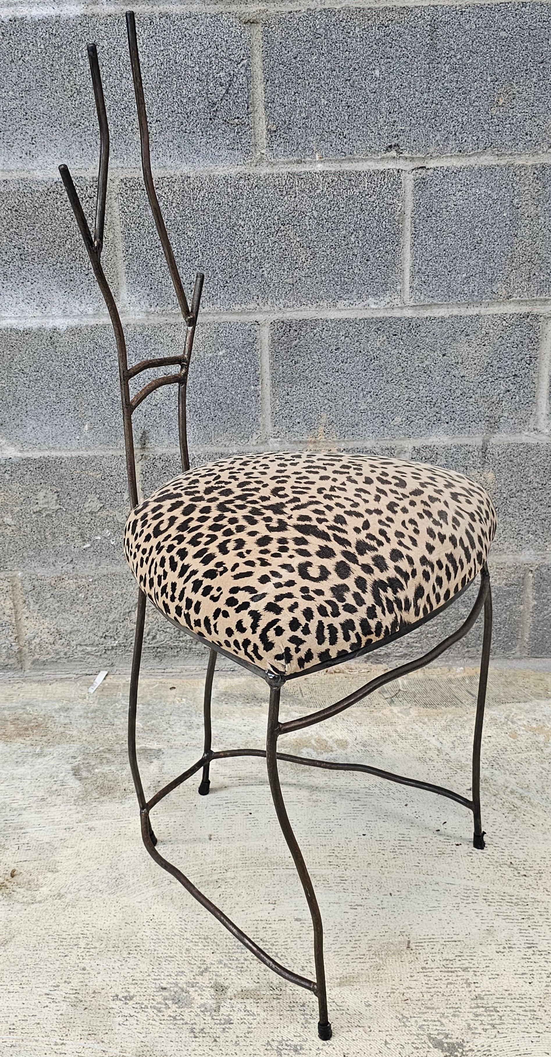 Rene Drouet Contemporary Patinated Metal & Leopard Print Upholstered Side Chair In Good Condition In Germantown, MD