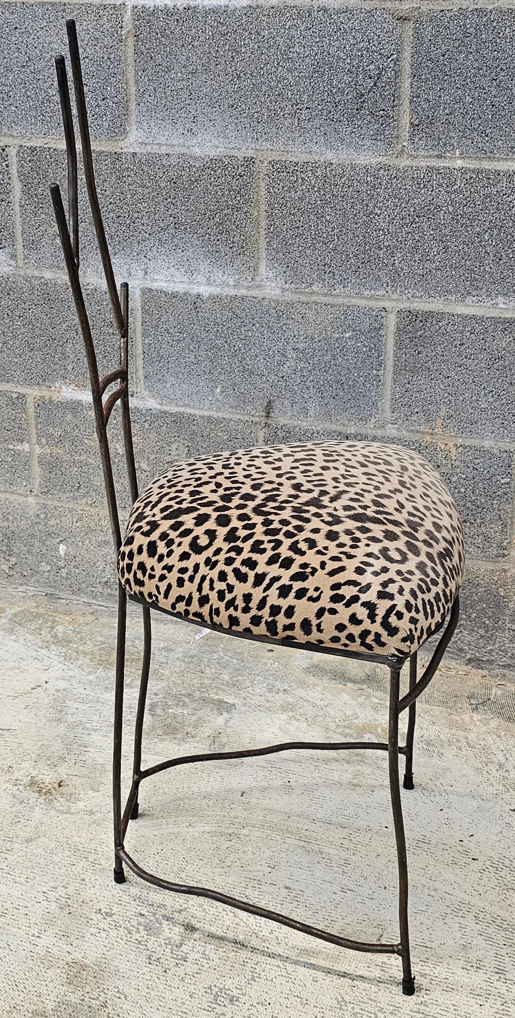20th Century Rene Drouet Contemporary Patinated Metal & Leopard Print Upholstered Side Chair