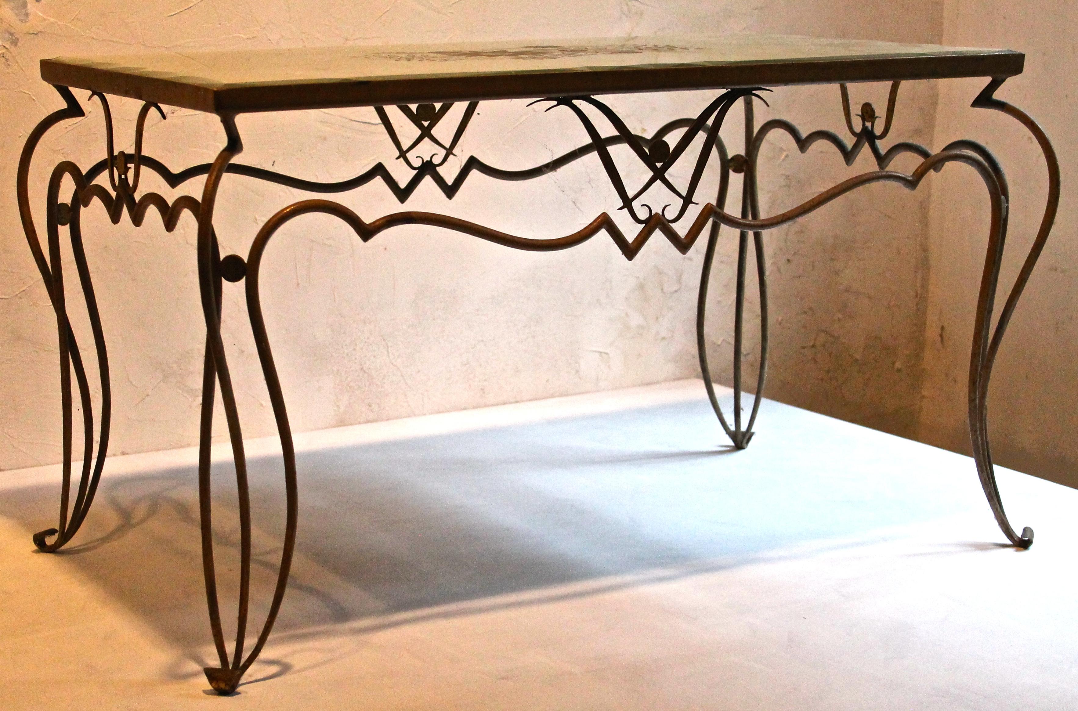 René Drouet French 1940s Coffee Table Wrought Iron and Églomisé Mirrored Top For Sale 6