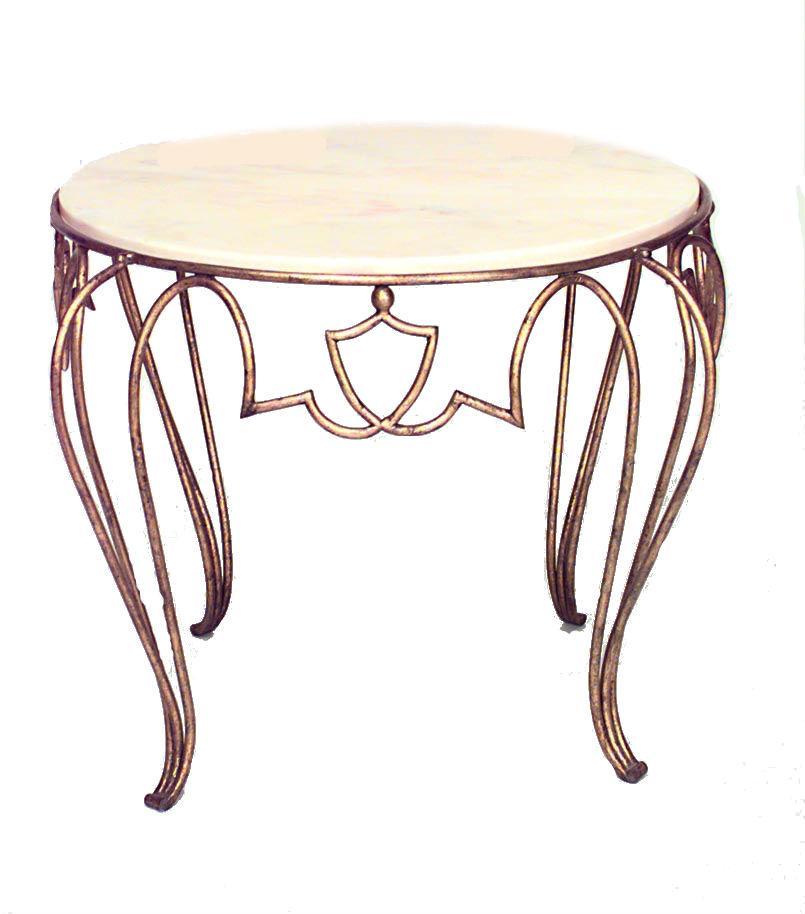 Art déco Table basse ronde française Rene Drouet en métal doré et marbre en vente