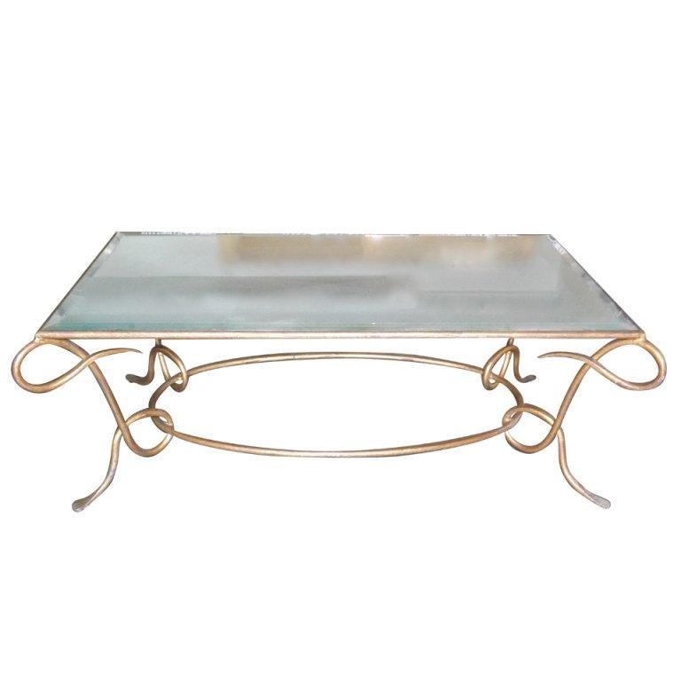 René Drouet Gilded Cocktail Table with Oxidized Mirror Top For Sale