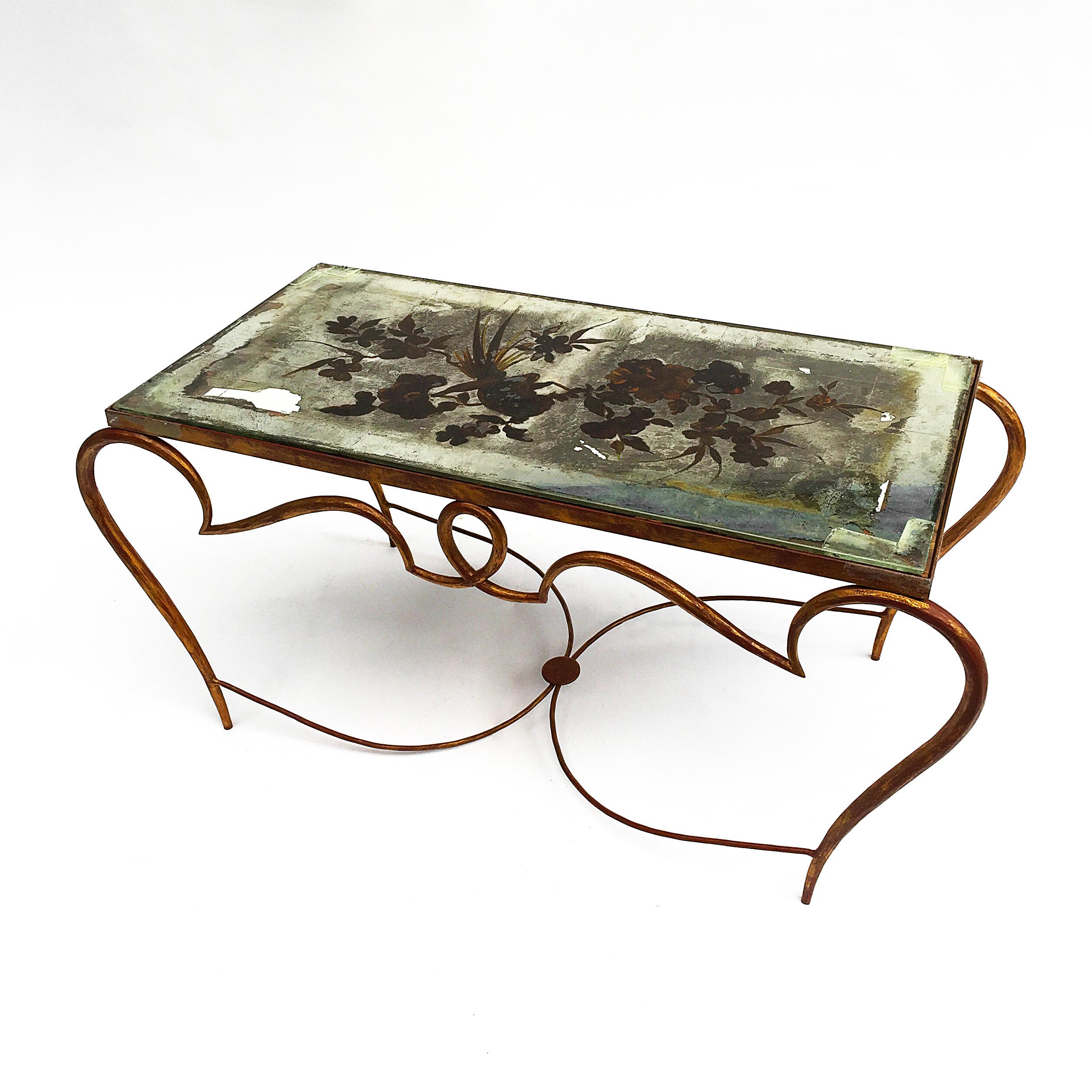 French René Drouet Gilded Art Deco Cocktail Coffee Table with Silver Gilded Glass Top For Sale