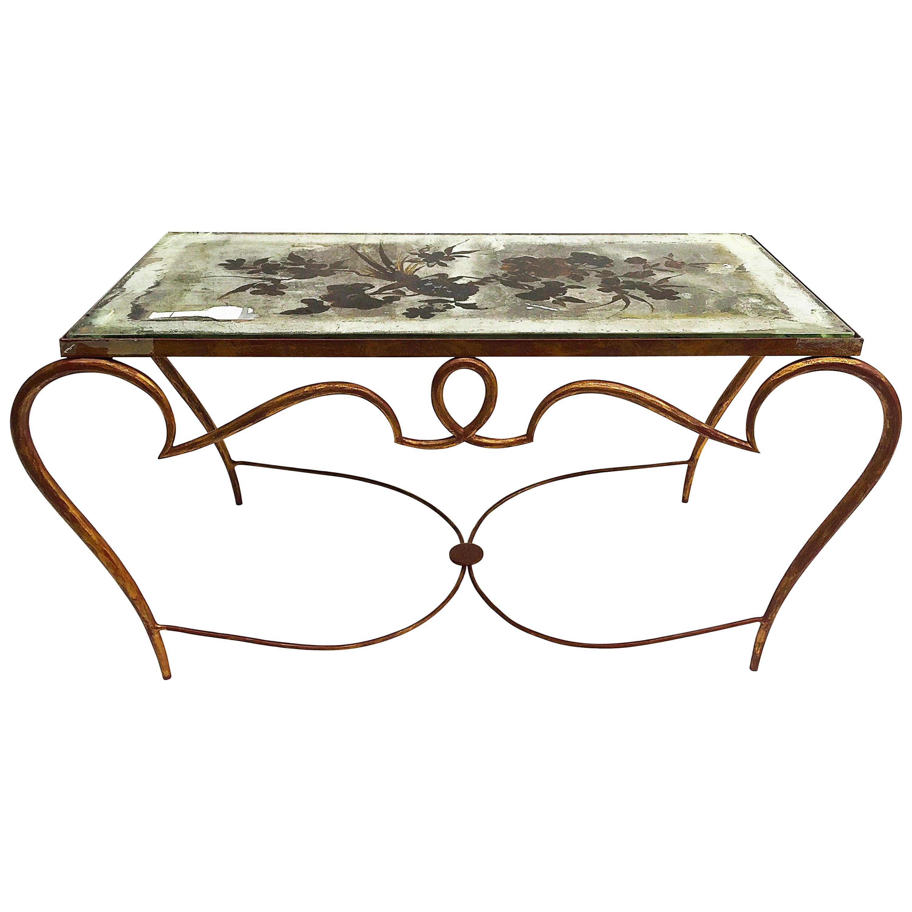 René Drouet Gilded Art Deco Cocktail Coffee Table with Silver Gilded Glass Top For Sale