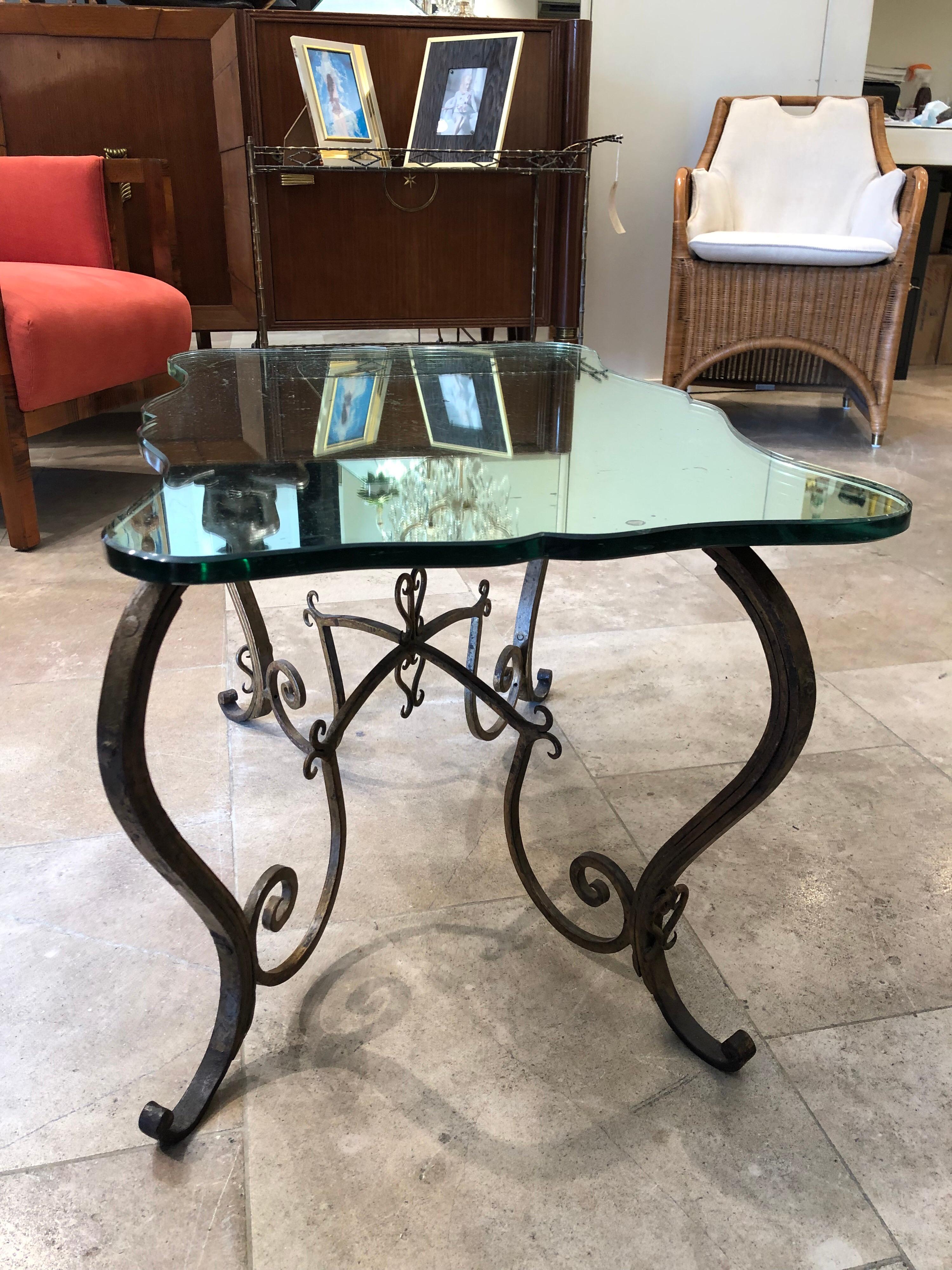 French Rene Drouet Hand Forged Guilded Metal Table with Original Mirrored Glass Top For Sale