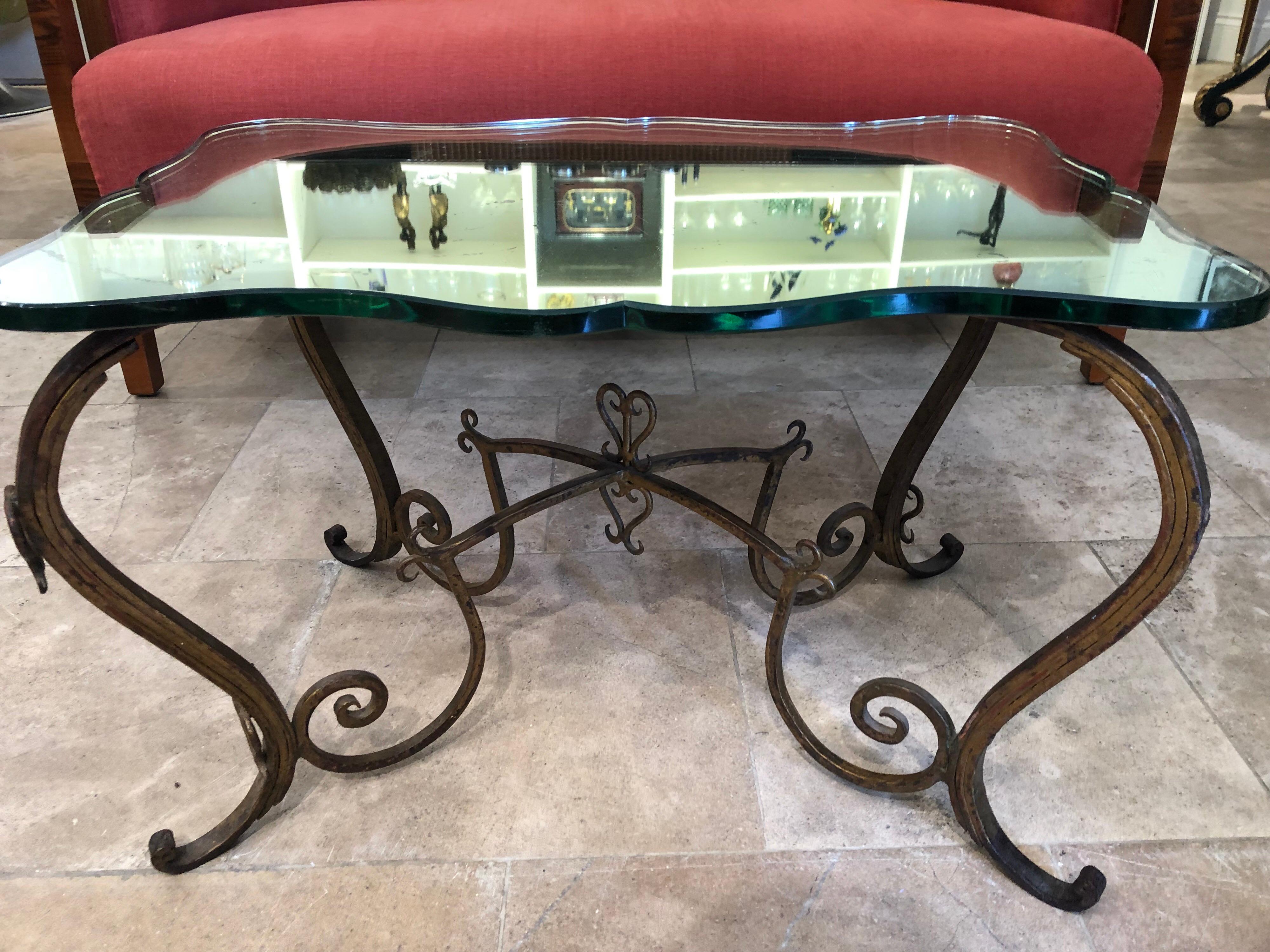 20th Century Rene Drouet Hand Forged Guilded Metal Table with Original Mirrored Glass Top For Sale
