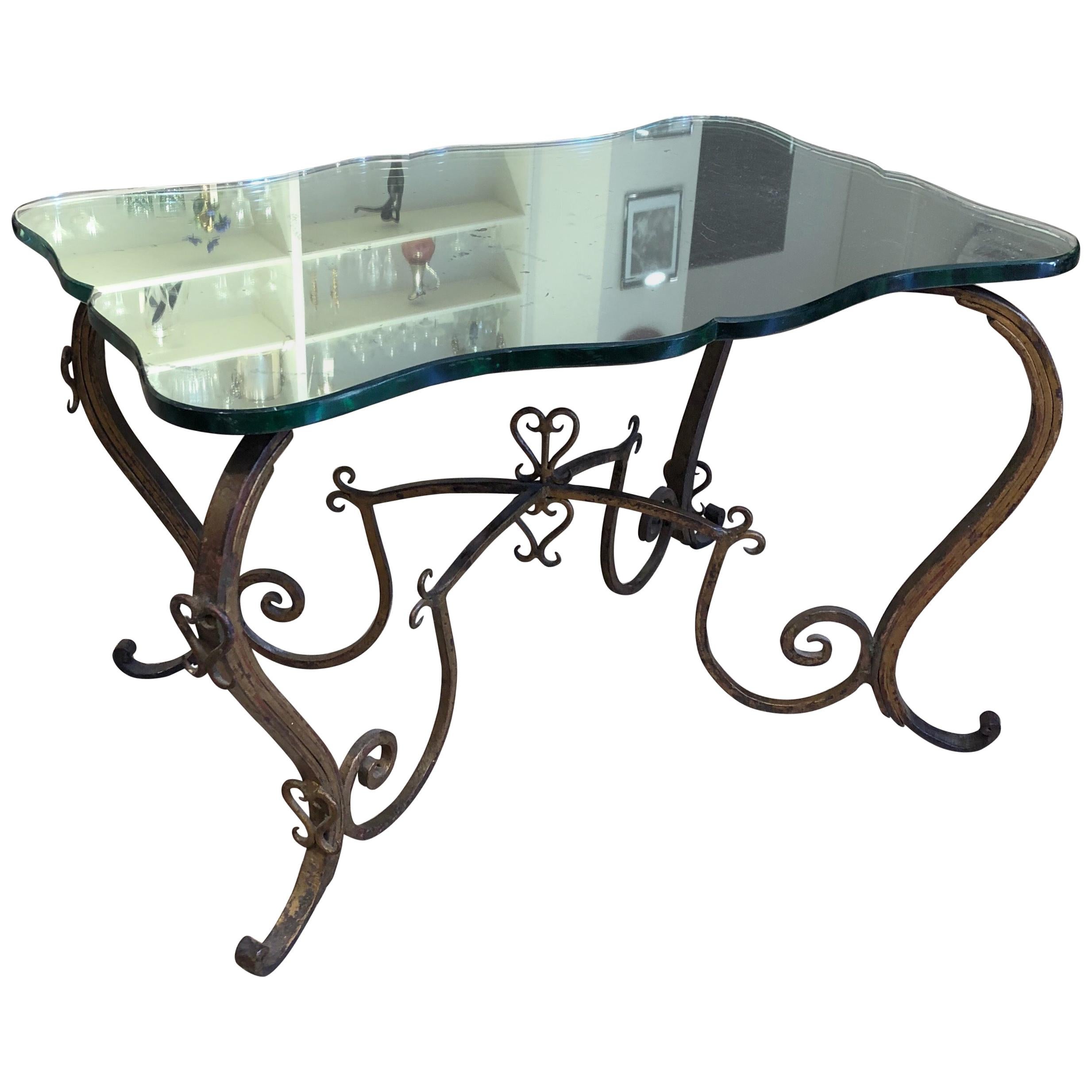 Rene Drouet Hand Forged Guilded Metal Table with Original Mirrored Glass Top