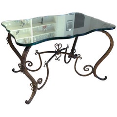 Rene Drouet Hand Forged Guilded Metal Table with Original Mirrored Glass Top