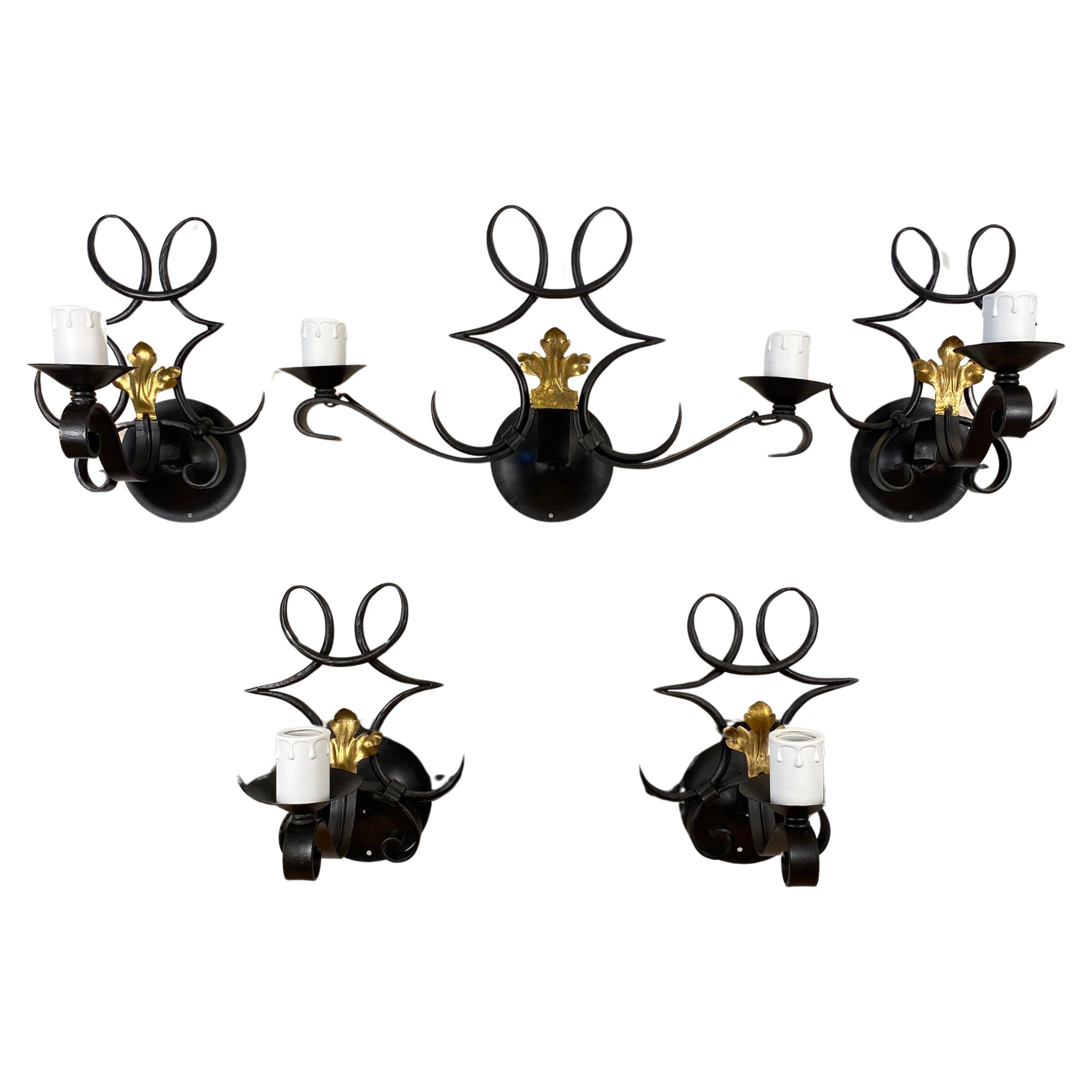 Rene Drouet Art Deco Style Hand Forged Wrought Iron Sconces Set of 5