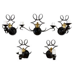 Rene Drouet Art Deco Style Hand Forged Wrought Iron Sconces Set of 5