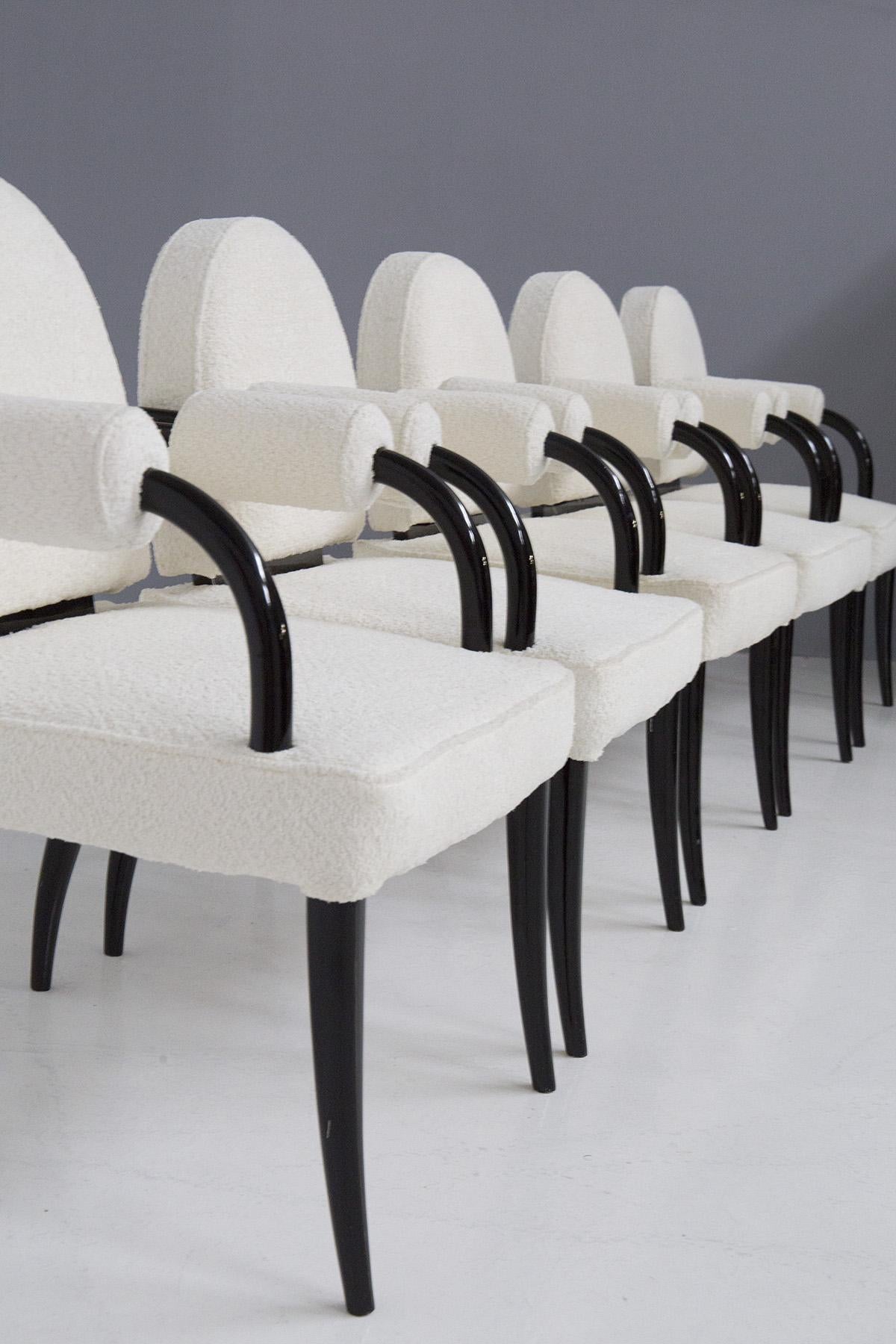 Renè Drouet, important set of six chairs in wood and white bouclé For Sale 3