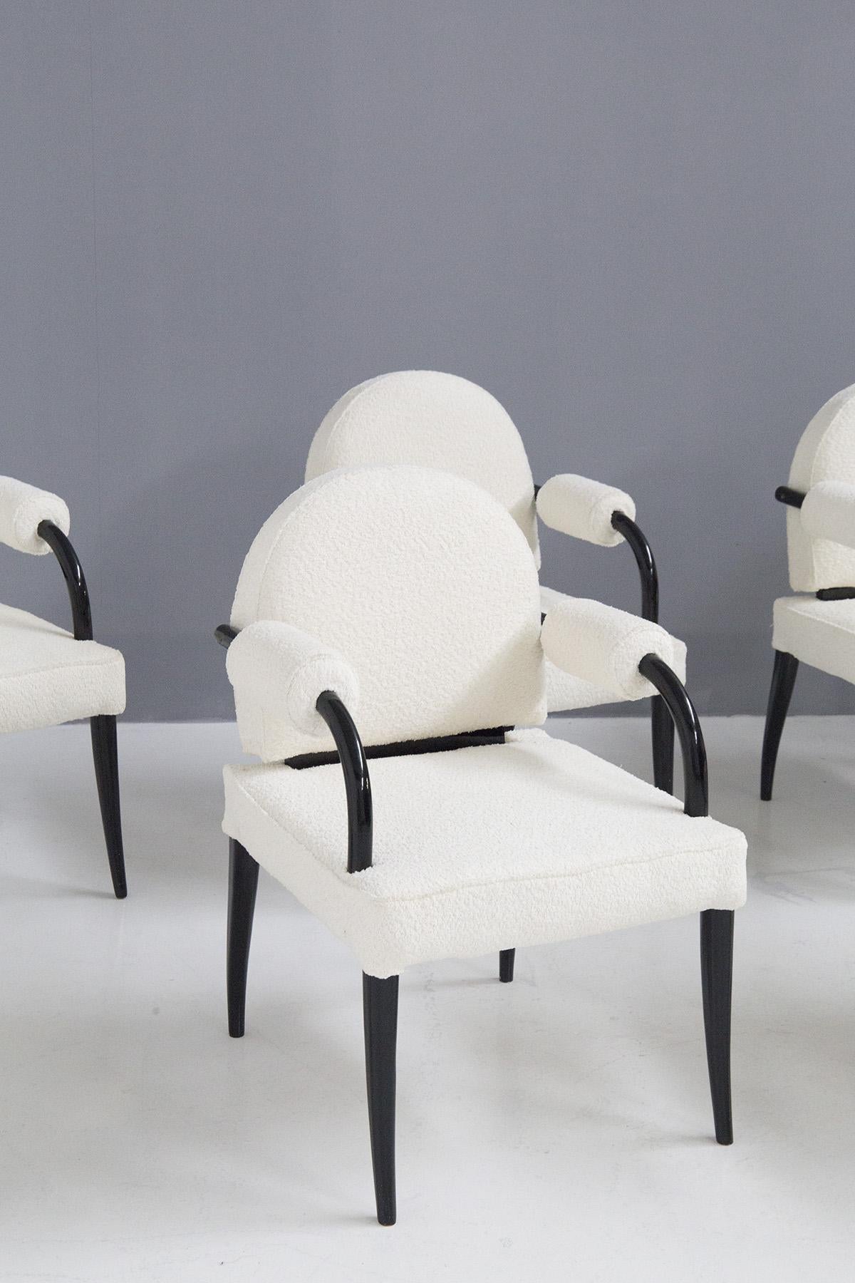 Mid-Century Modern Renè Drouet, important set of six chairs in wood and white bouclé For Sale