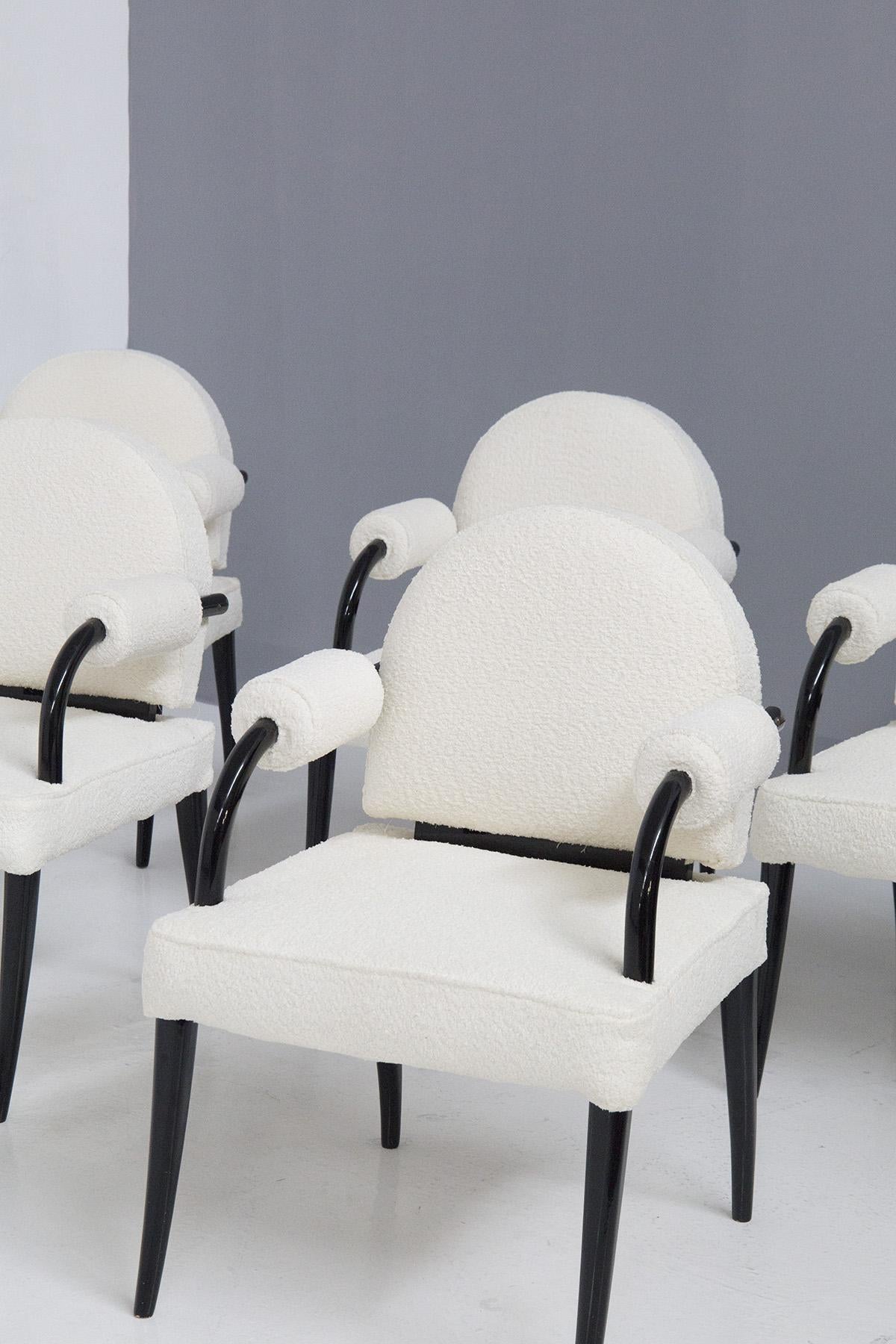 French Renè Drouet, important set of six chairs in wood and white bouclé For Sale
