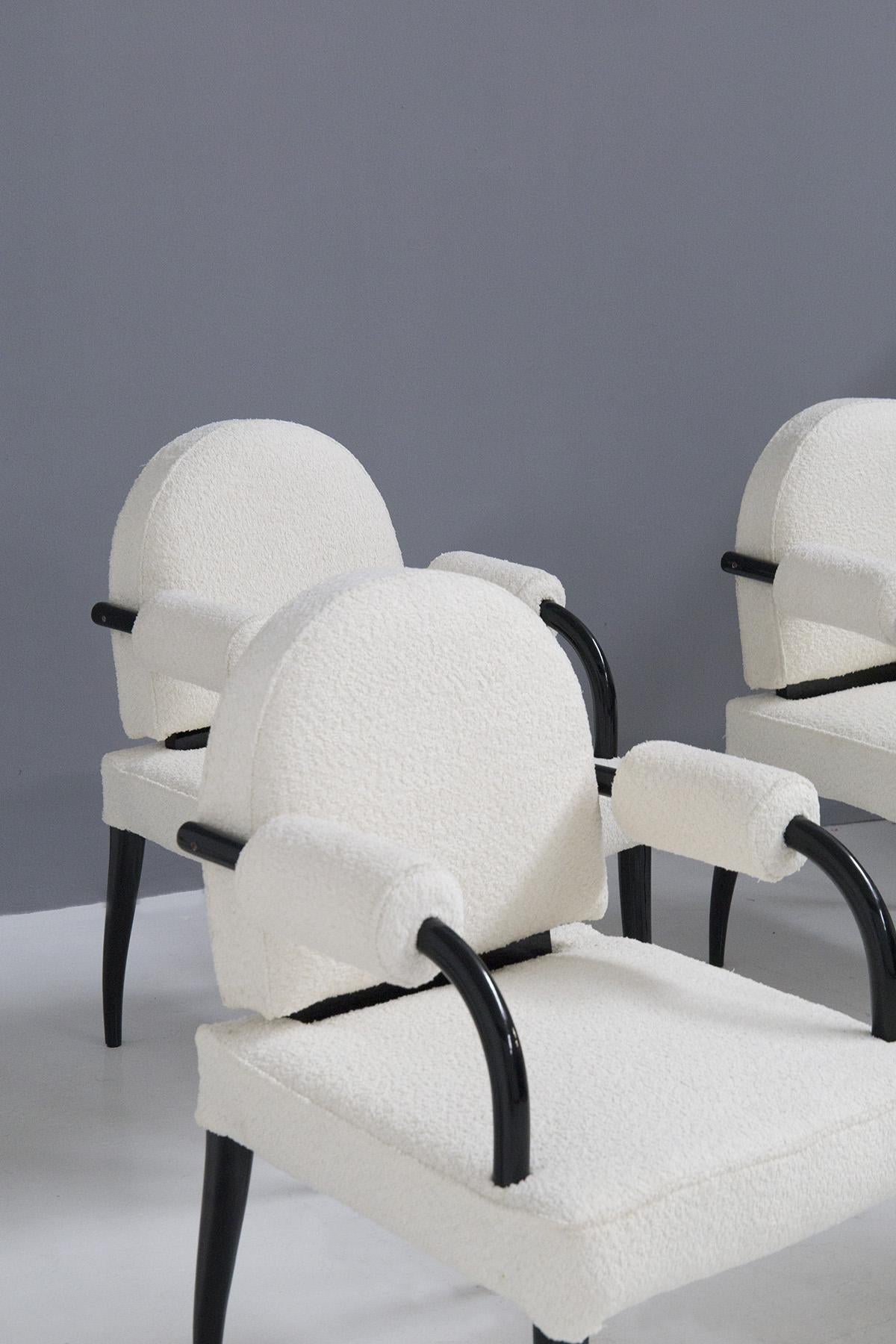 Renè Drouet, important set of six chairs in wood and white bouclé In Good Condition For Sale In Milano, IT