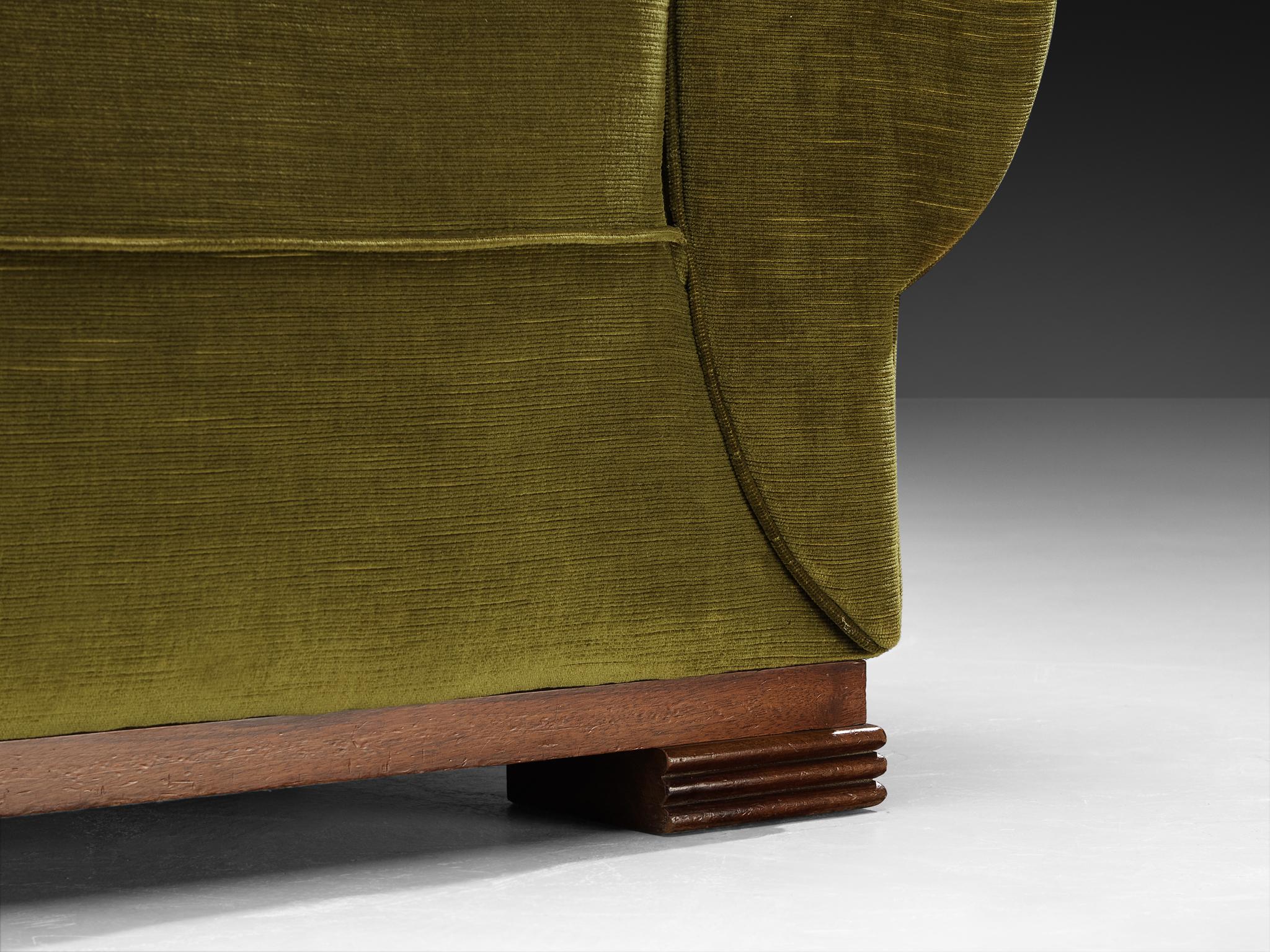Art Deco René Drouet Pair of Lounge Chairs in Olive Green Corduroy and Walnut For Sale