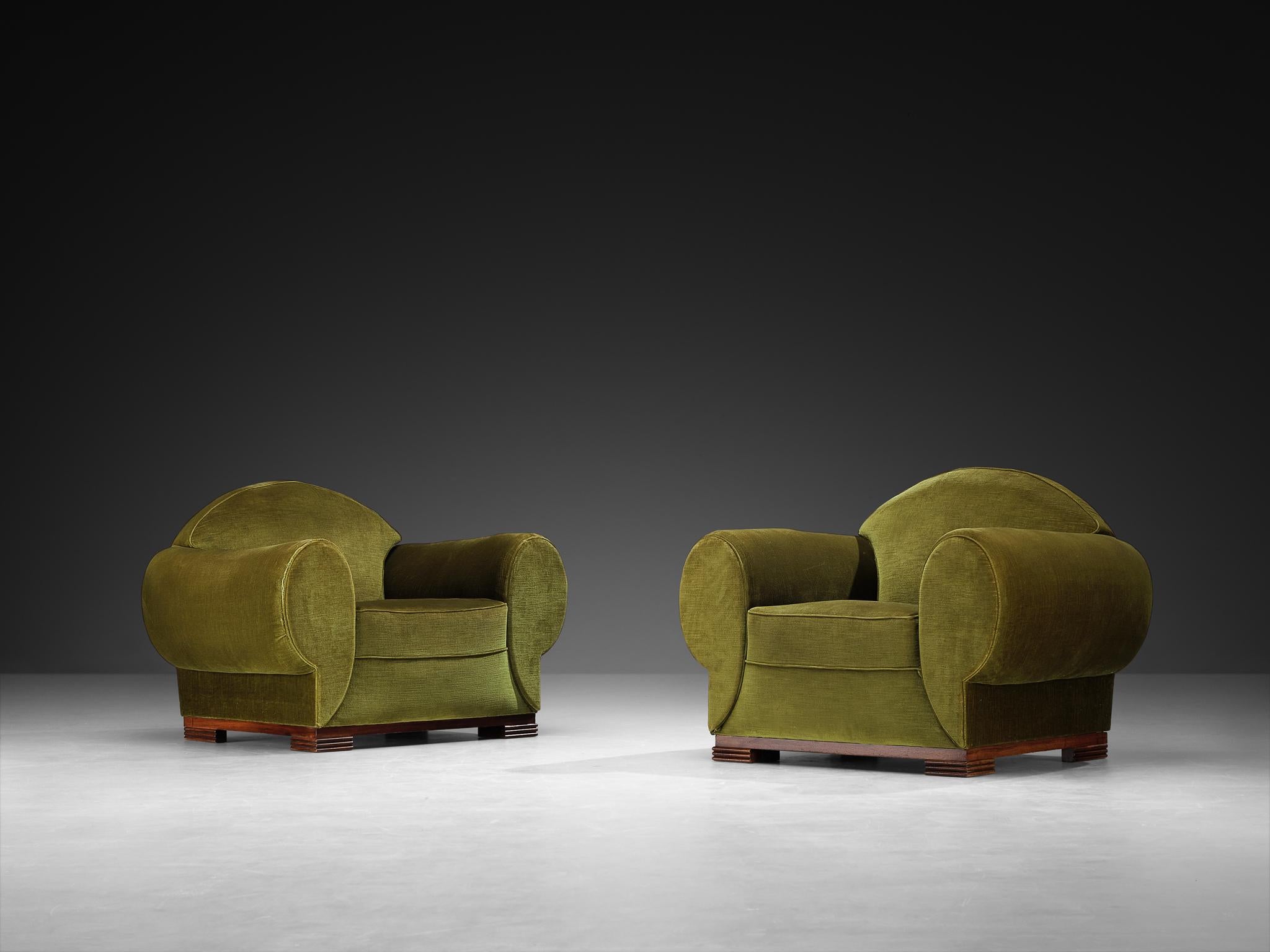 French René Drouet Pair of Lounge Chairs in Olive Green Corduroy and Walnut For Sale