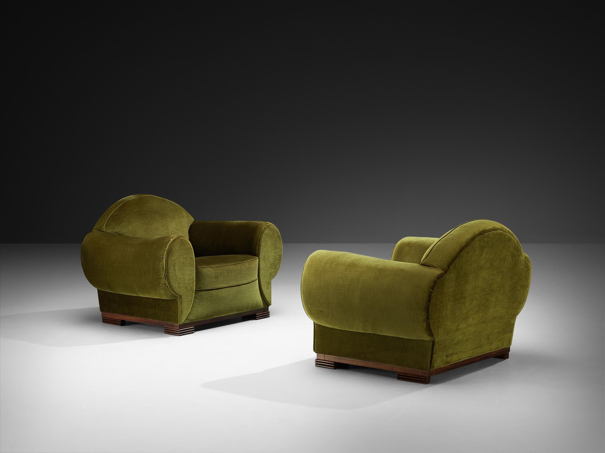 Mid-20th Century René Drouet Pair of Lounge Chairs in Olive Green Corduroy and Walnut For Sale