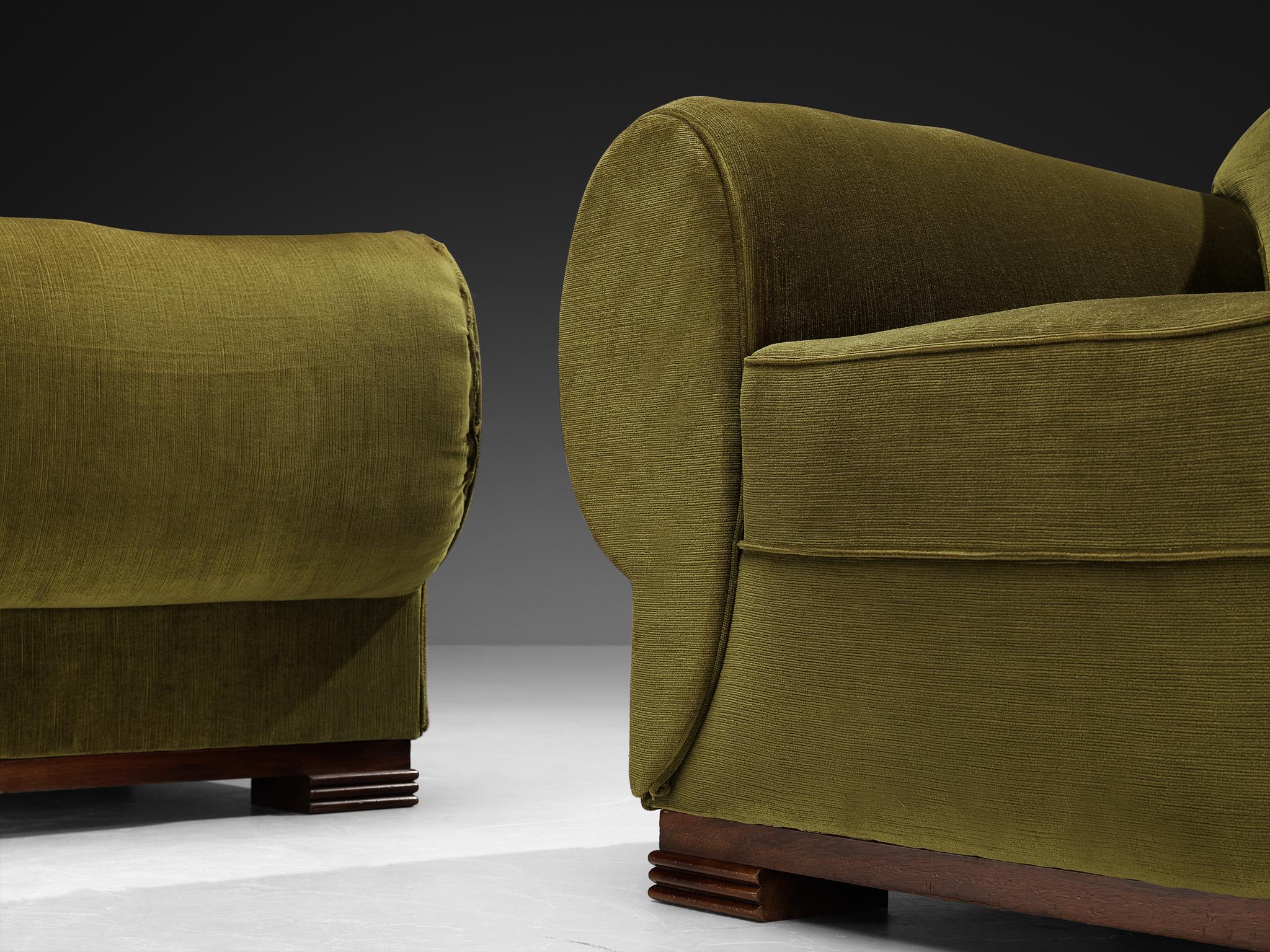 Velvet René Drouet Pair of Lounge Chairs in Olive Green Corduroy and Walnut For Sale