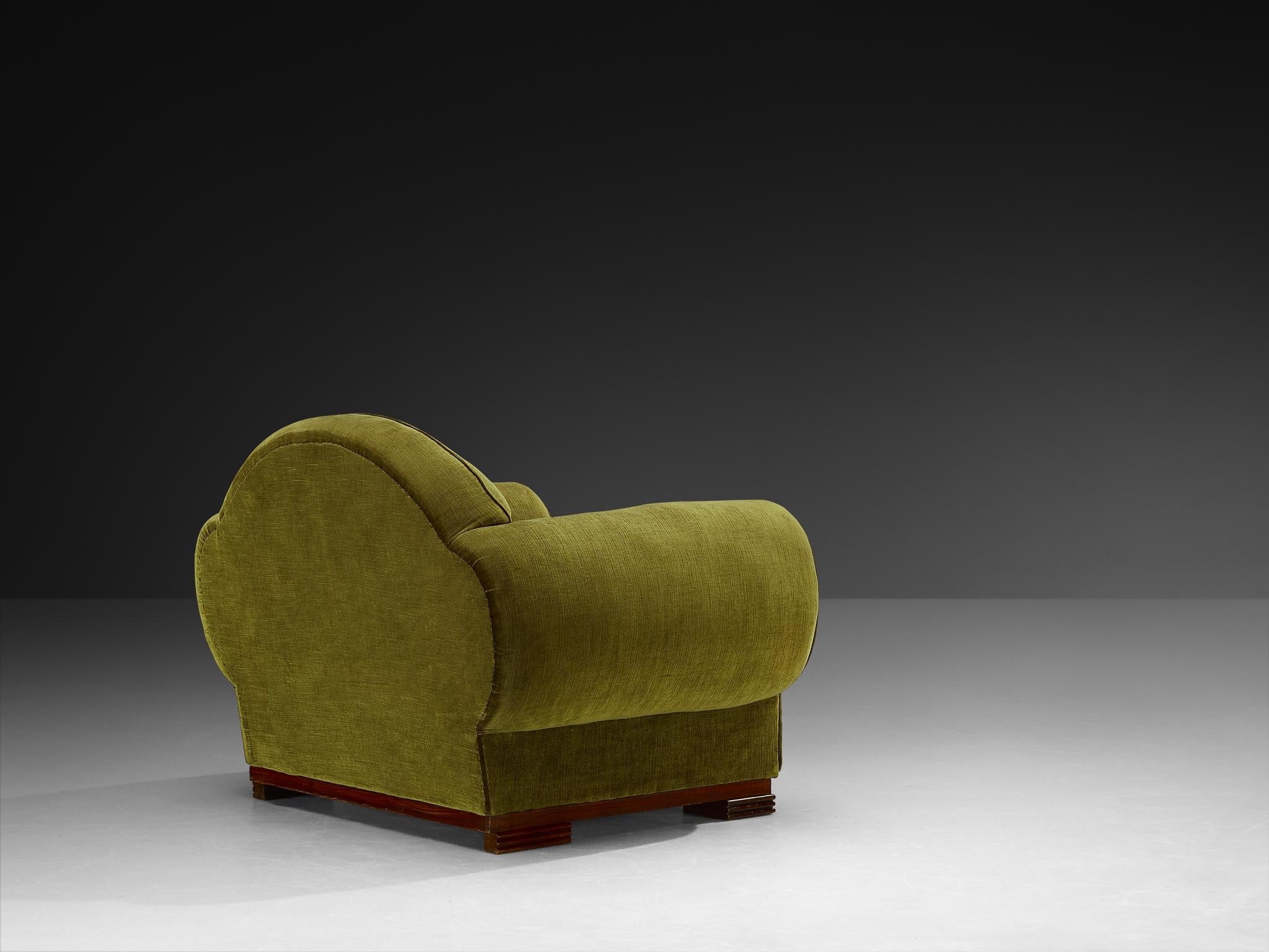 René Drouet Pair of Lounge Chairs in Olive Green Corduroy and Walnut For Sale 1