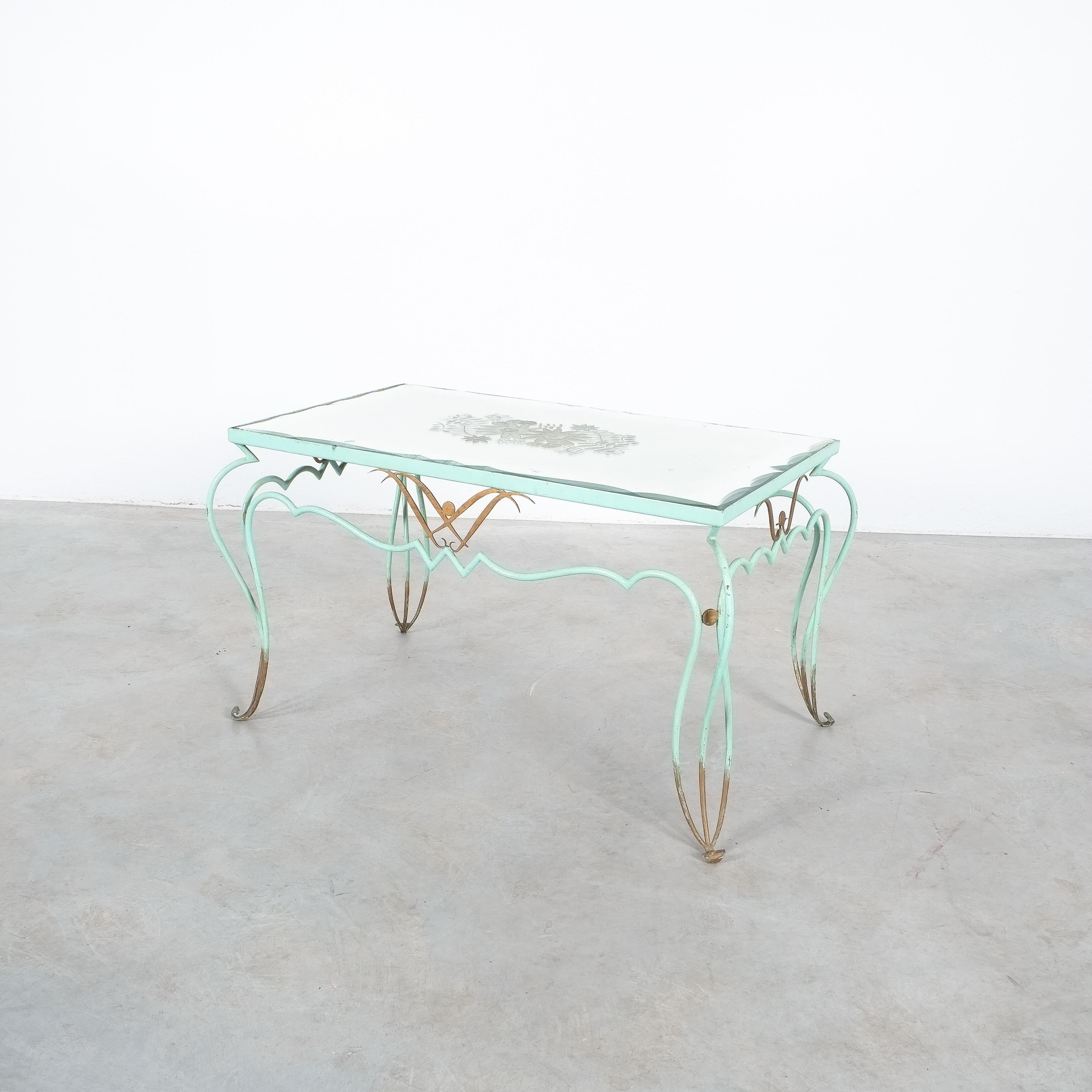 French René Drouet Rene Side or Coffee Table Iron Églomisé Mirrored Top, France, 1940 For Sale