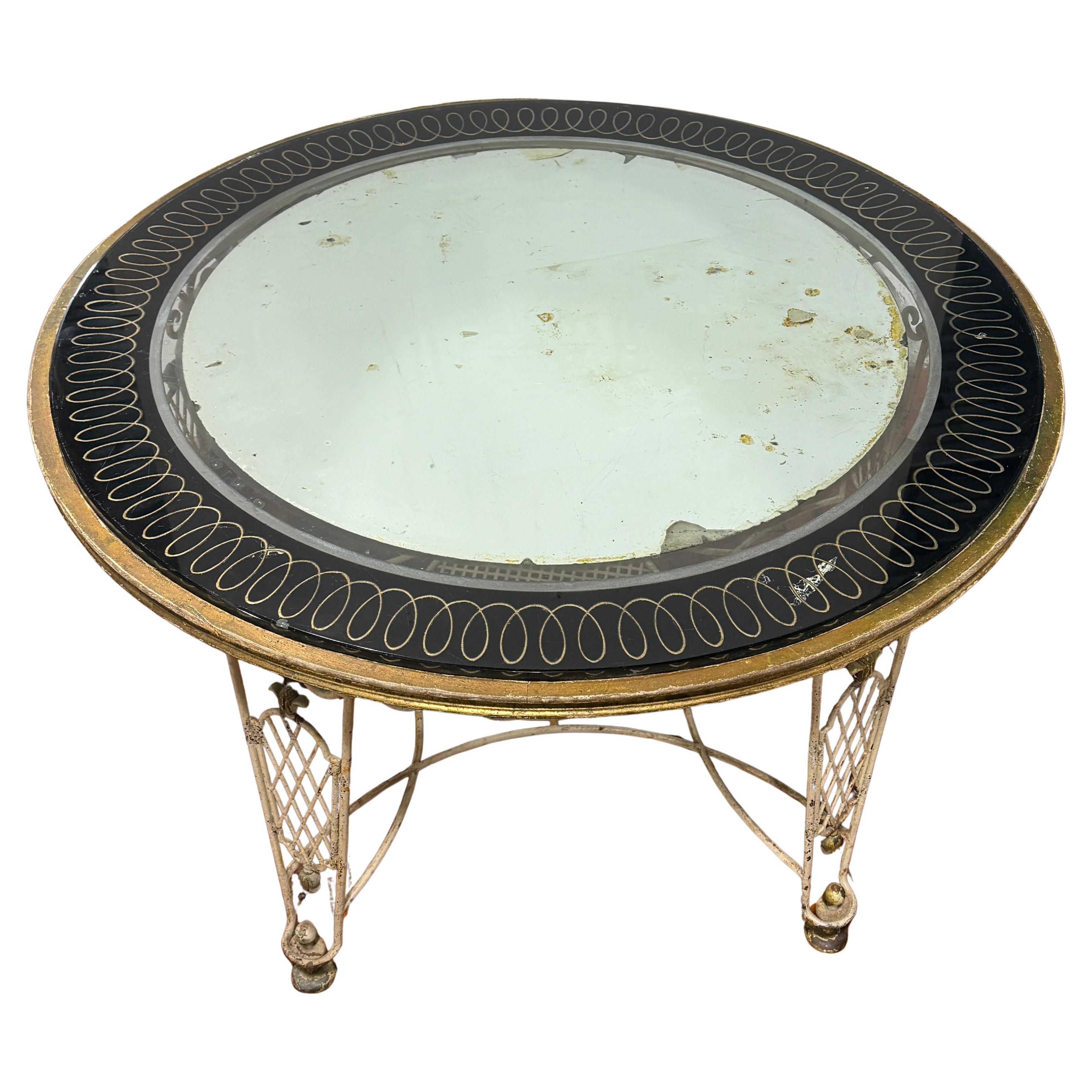 René Drouet Style French Mid-Century Iron and Eglomise Mirror Table For Sale