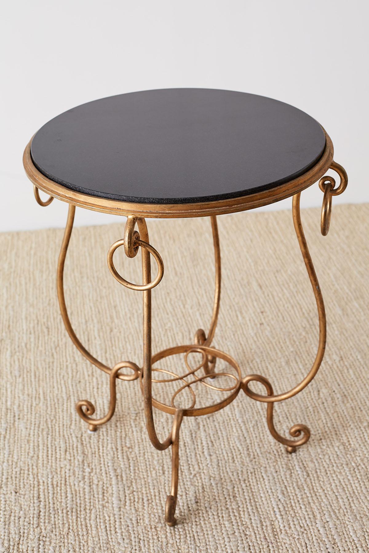 Hollywood Regency Rene Drouet Style Gilded Iron and Granite Table For Sale