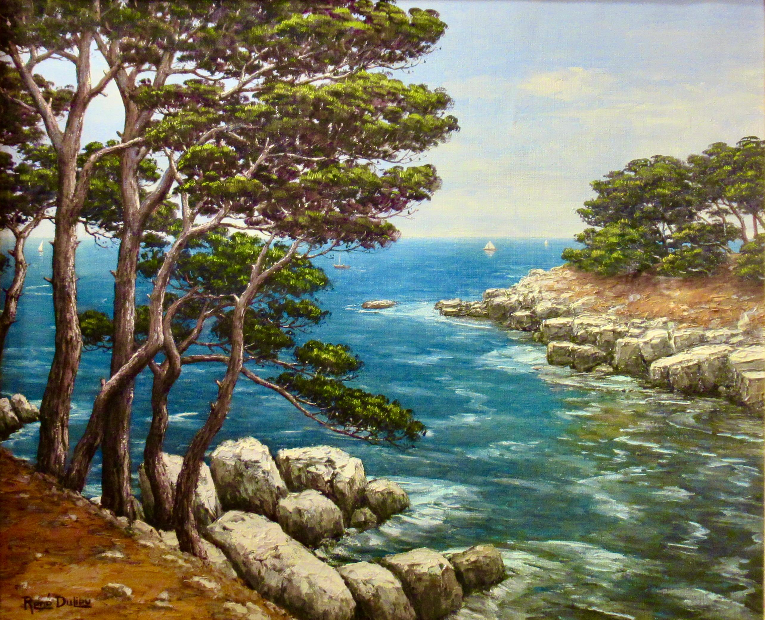 Coastal Scene of the French Riviera - Painting by Rene Dulieu