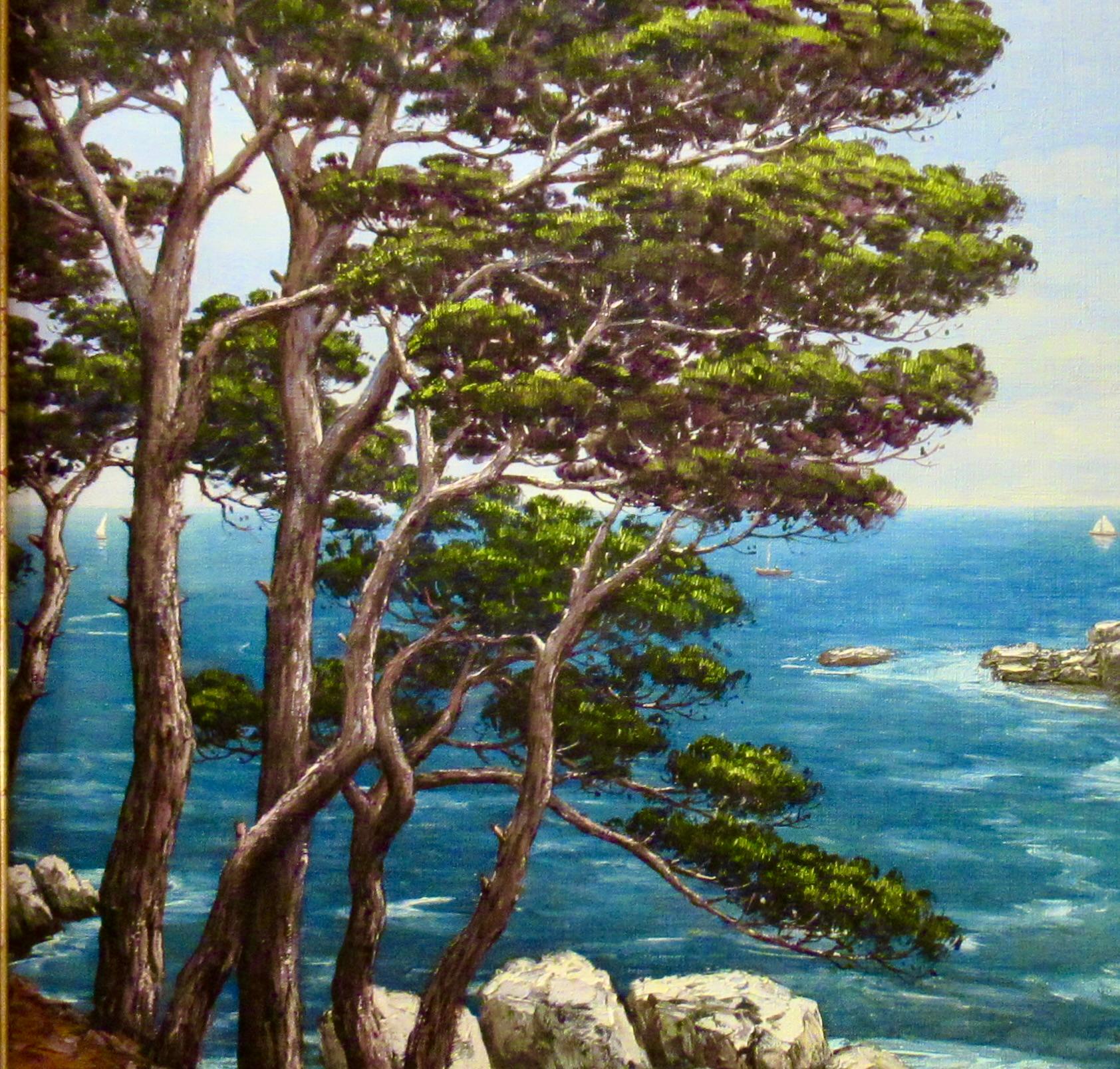 Scène côtière de la Côte d'Azur - Impressionnisme Painting par Rene Dulieu