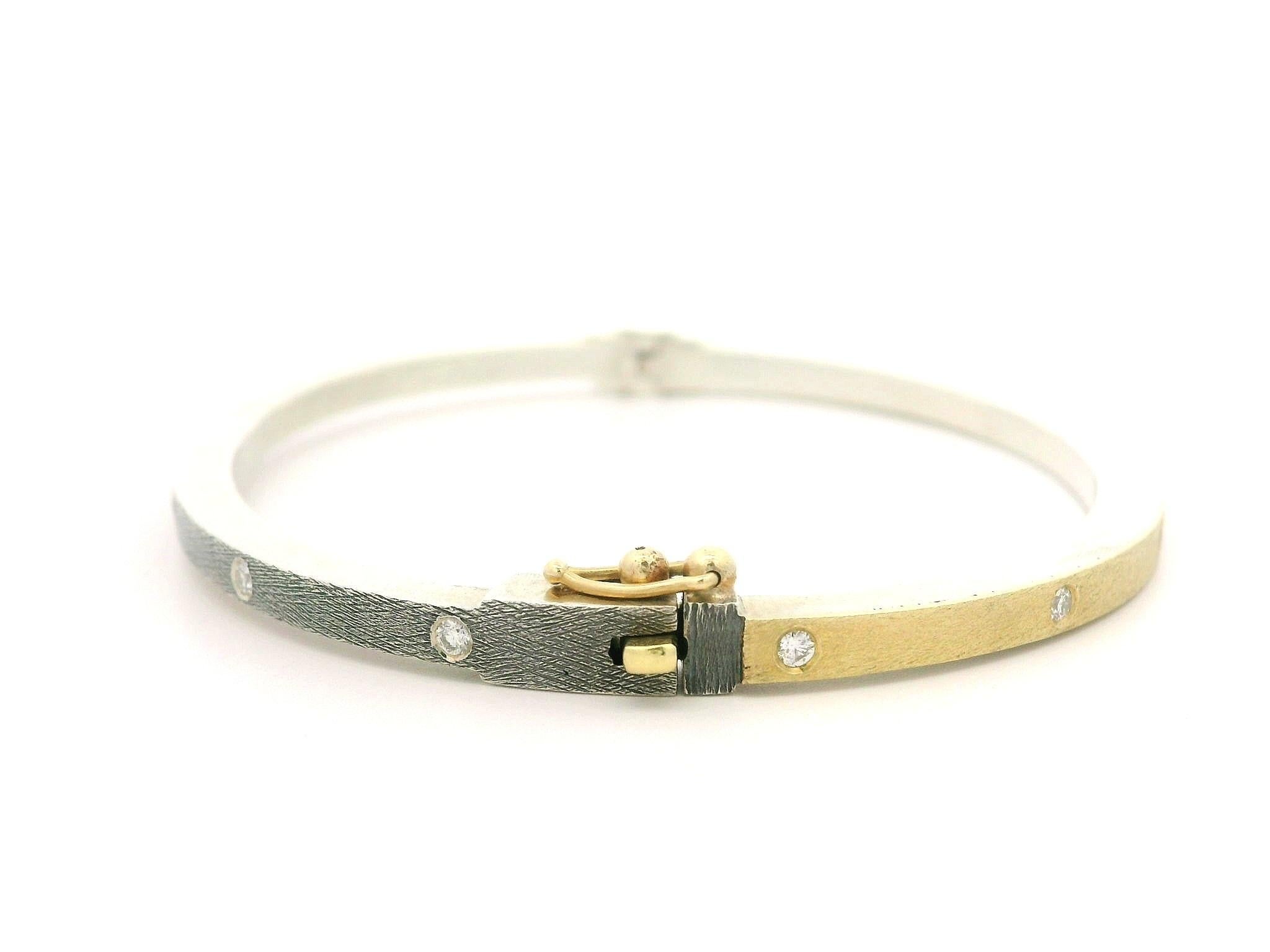 Rene Escobar Silver & 18k Gold 0.25ctw Diamond 2 way Hinged Bangle Bracelet In Excellent Condition In Montclair, NJ