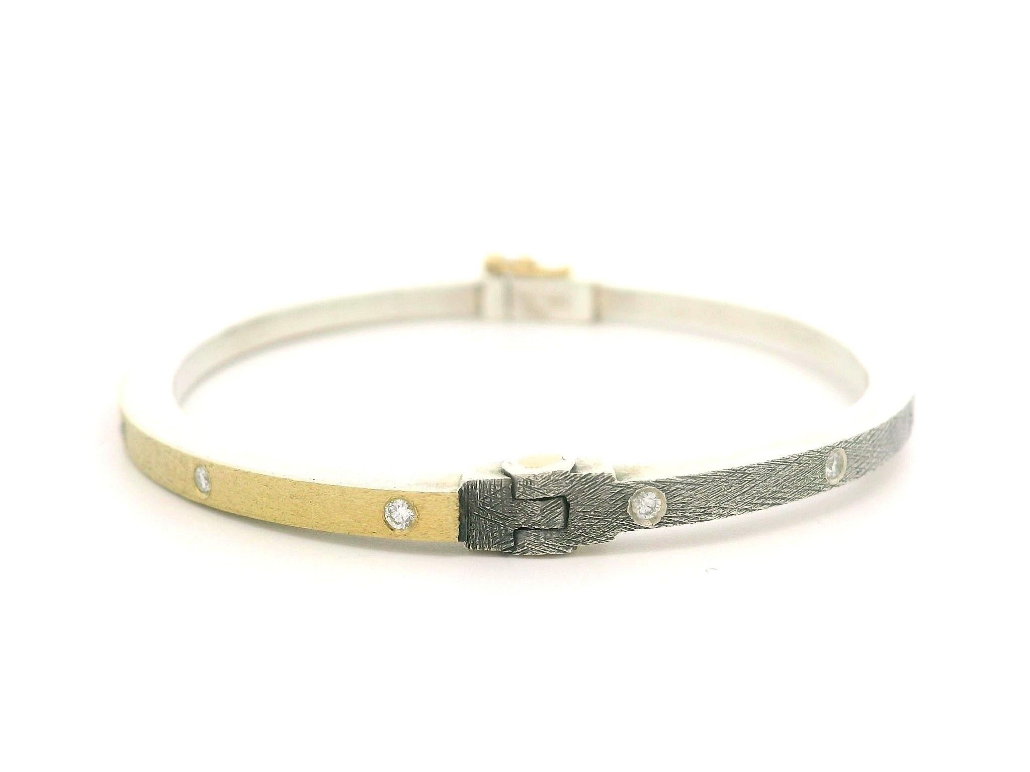 Rene Escobar Silver & 18k Gold 0.25ctw Diamond 2 way Hinged Bangle Bracelet 1