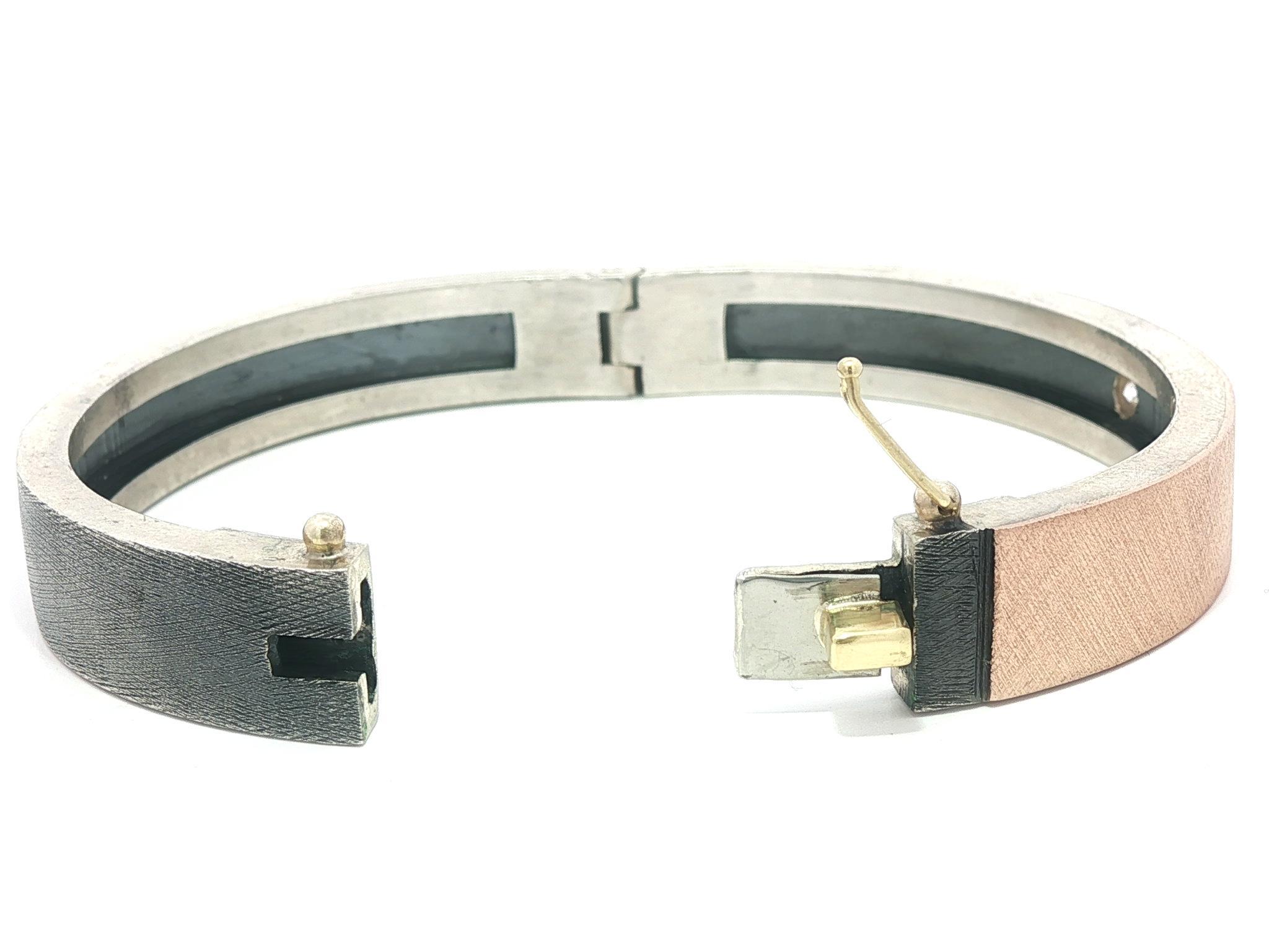 Rene Escobar Silver & 18k Rose Gold Diamond Florentine Hinged Bangle Bracelet For Sale 1