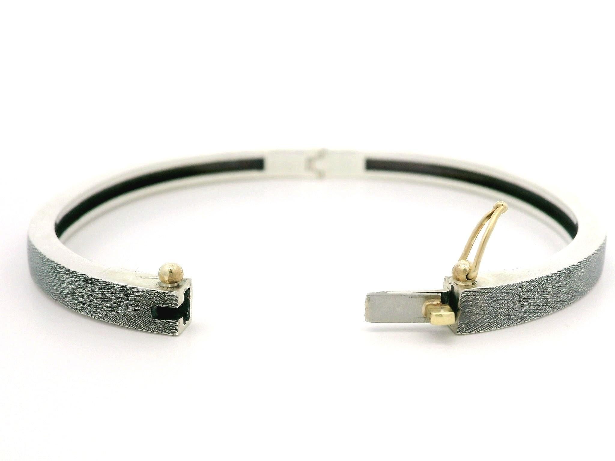 Rene Escobar Silver & 18k Yellow Gold Diamond Textured Hinged Bangle Bracelet 2