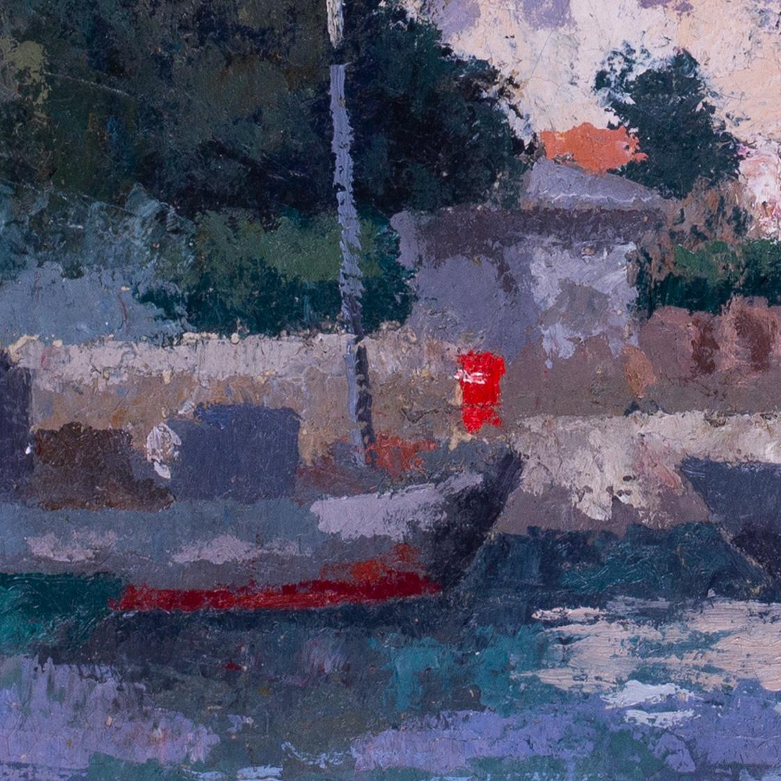 French early 20th Century oil painting of Quay de la Rochelle (Quay au Dames) - Post-Impressionist Painting by René Fontayne