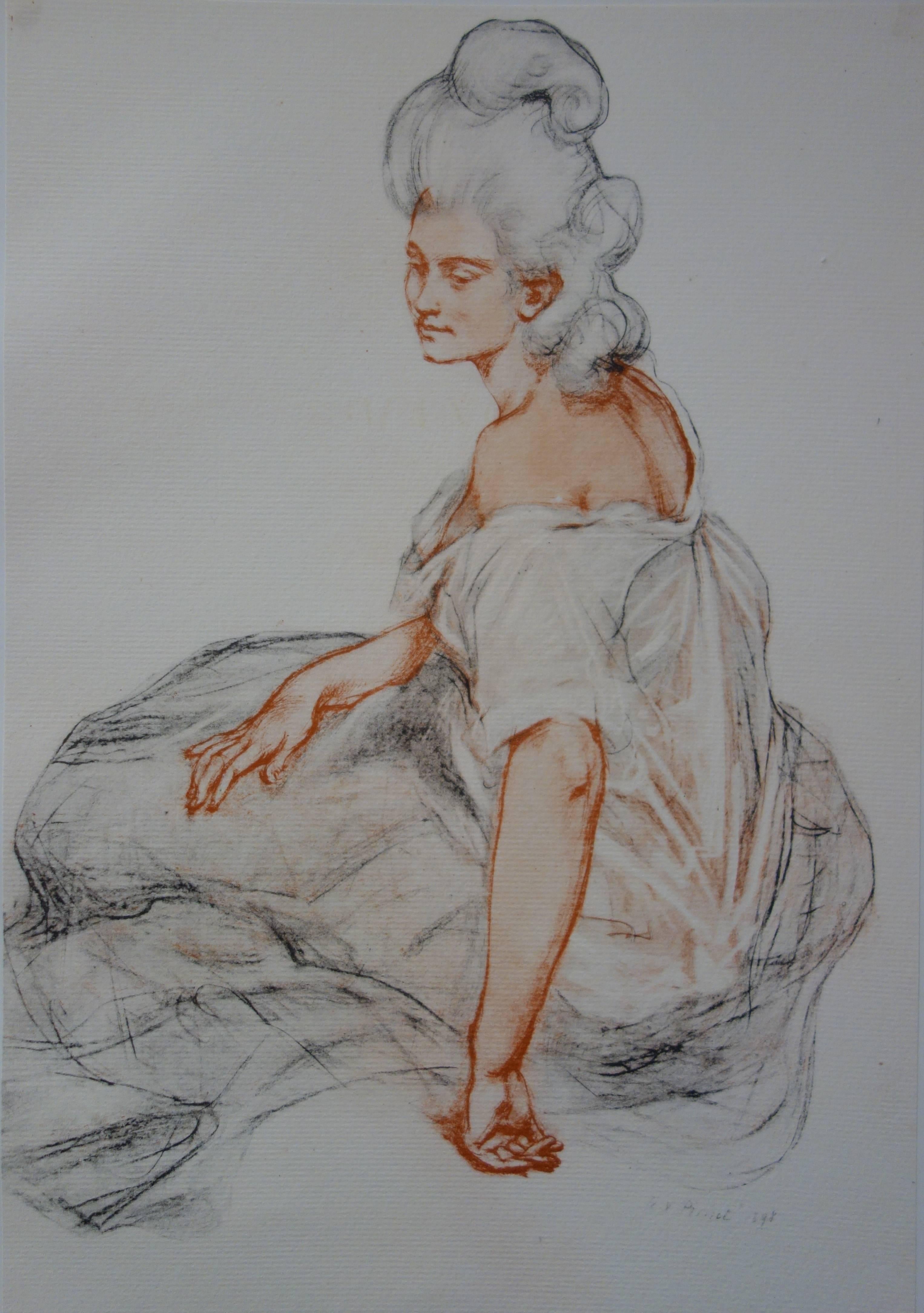 Manon - Litografia originale (1897/98) - Figurative Print Grigio di René Francois Xavier Prinet