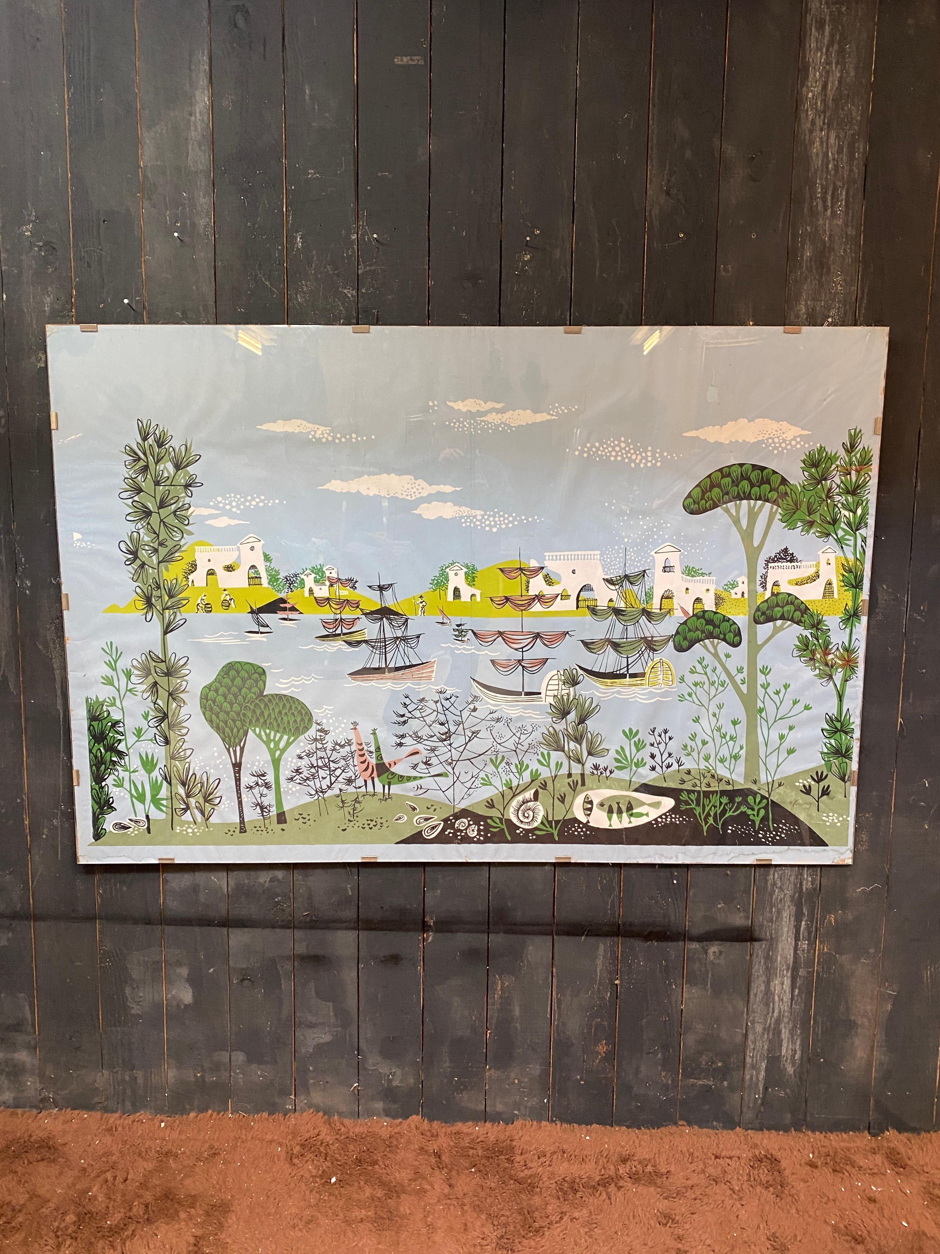 René Fumeron : acrylique sur papier, projet de tapisserie, signé quelques halos à signaler. Bon état - En vente à Saint-Ouen, FR