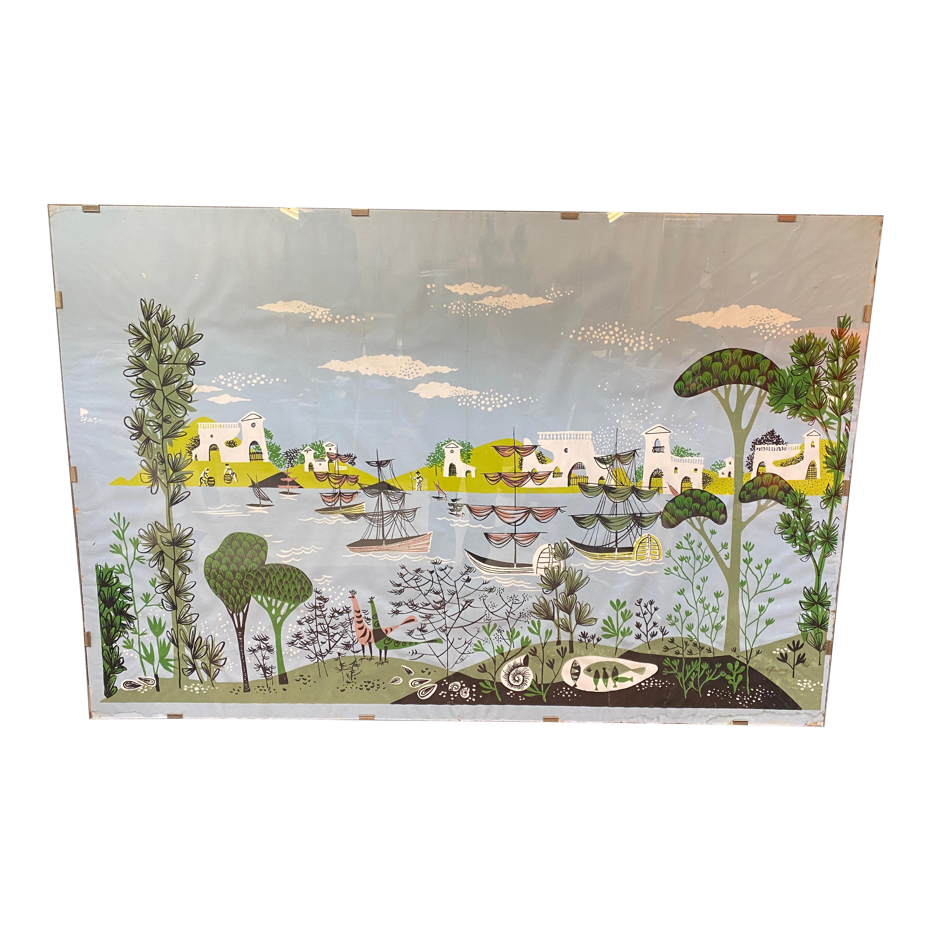 René Fumeron : acrylique sur papier, projet de tapisserie, signé quelques halos à signaler. en vente
