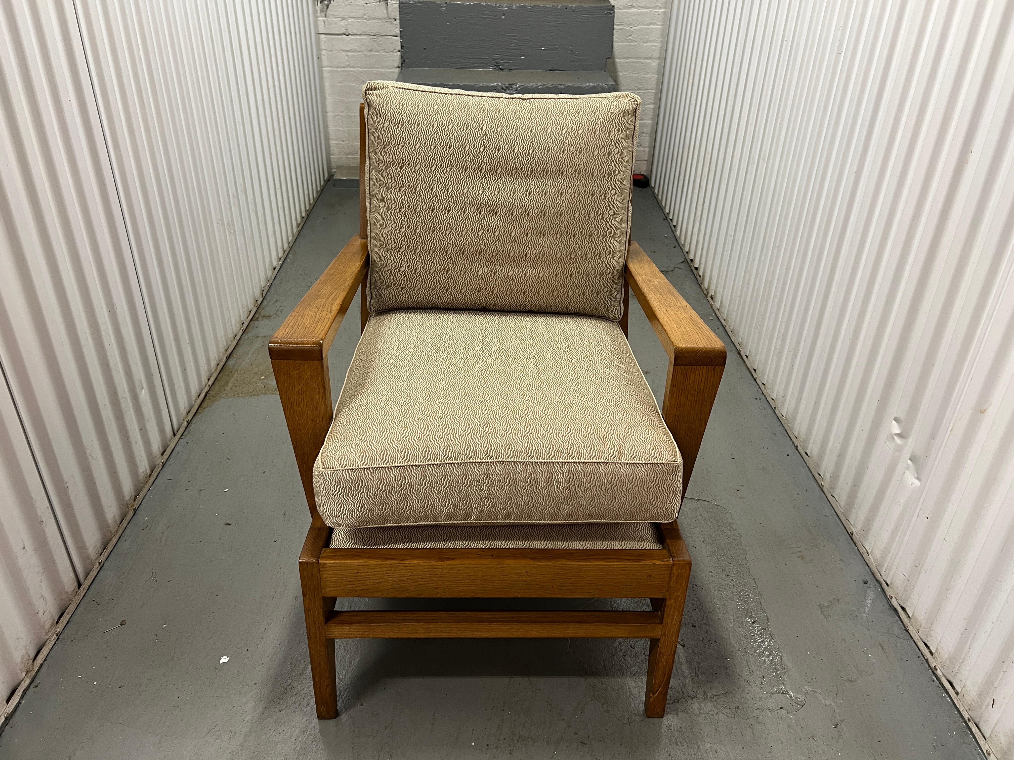 Oak ladderback armchair by René Gabriel with upholstered loose back and seat cushions. 