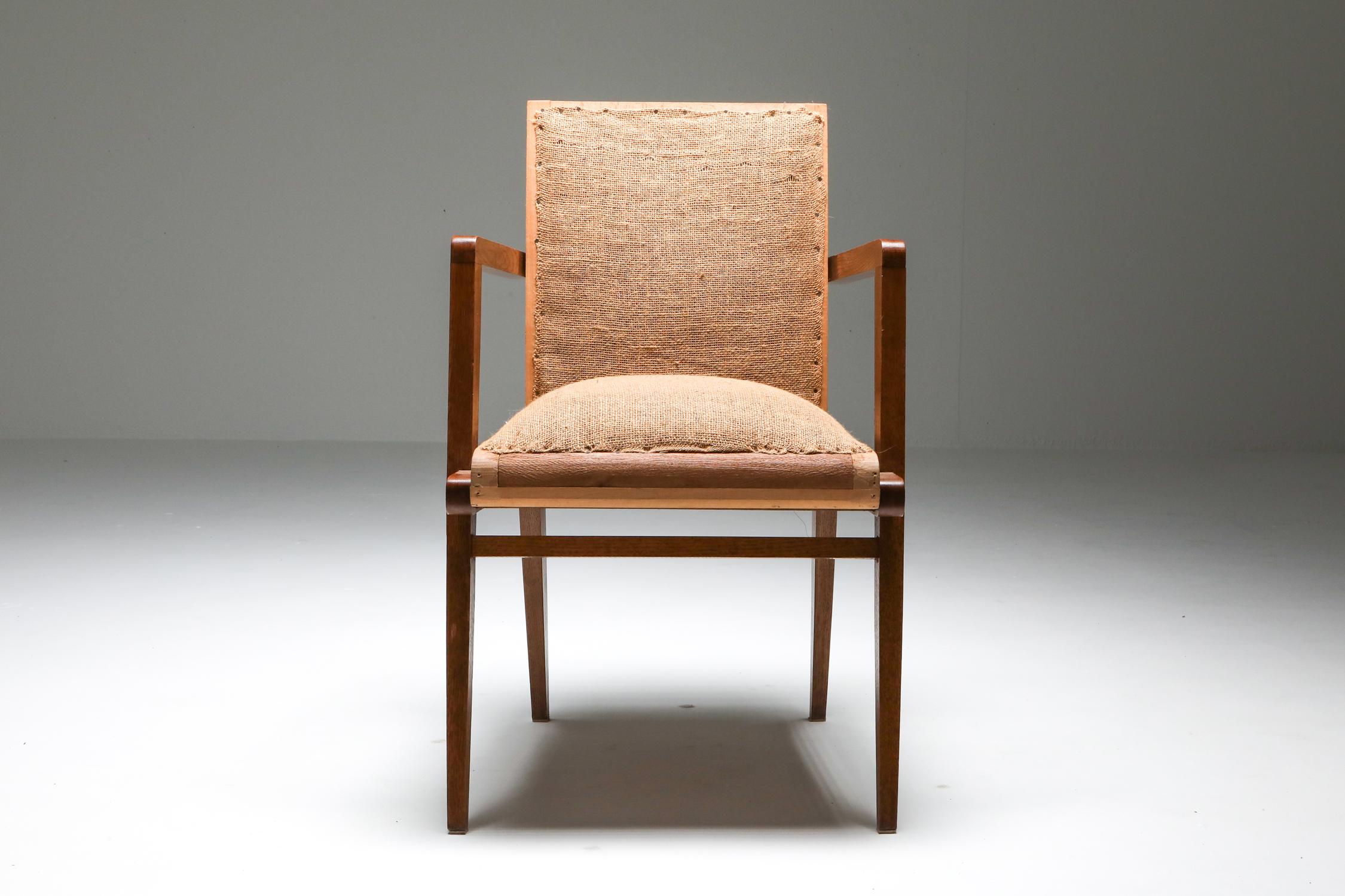 French; French Design; Mid-Century Modern; armchairs; chairs; side chairs; René Gabriel; 1950s; oak; fabric; Pierre Jeanneret; Charlotte Perriand; Wabi-Sabi;

French Mid-Century Modern armchair designed in the 1950s by René Gabriel. Solid oak side