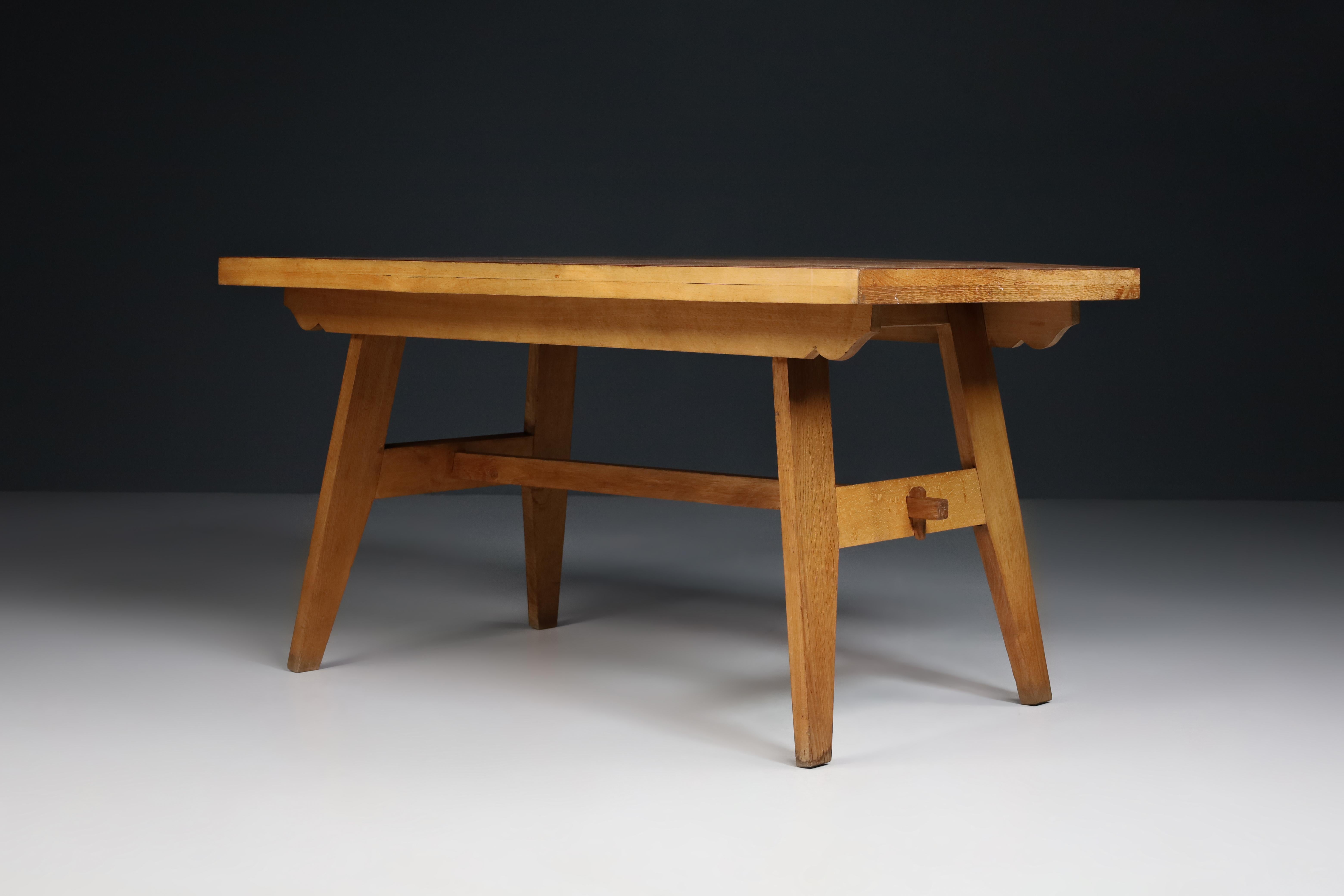Mid-Century Modern René Gabriel Blond Oak Reconstruction Table, France, 1950s