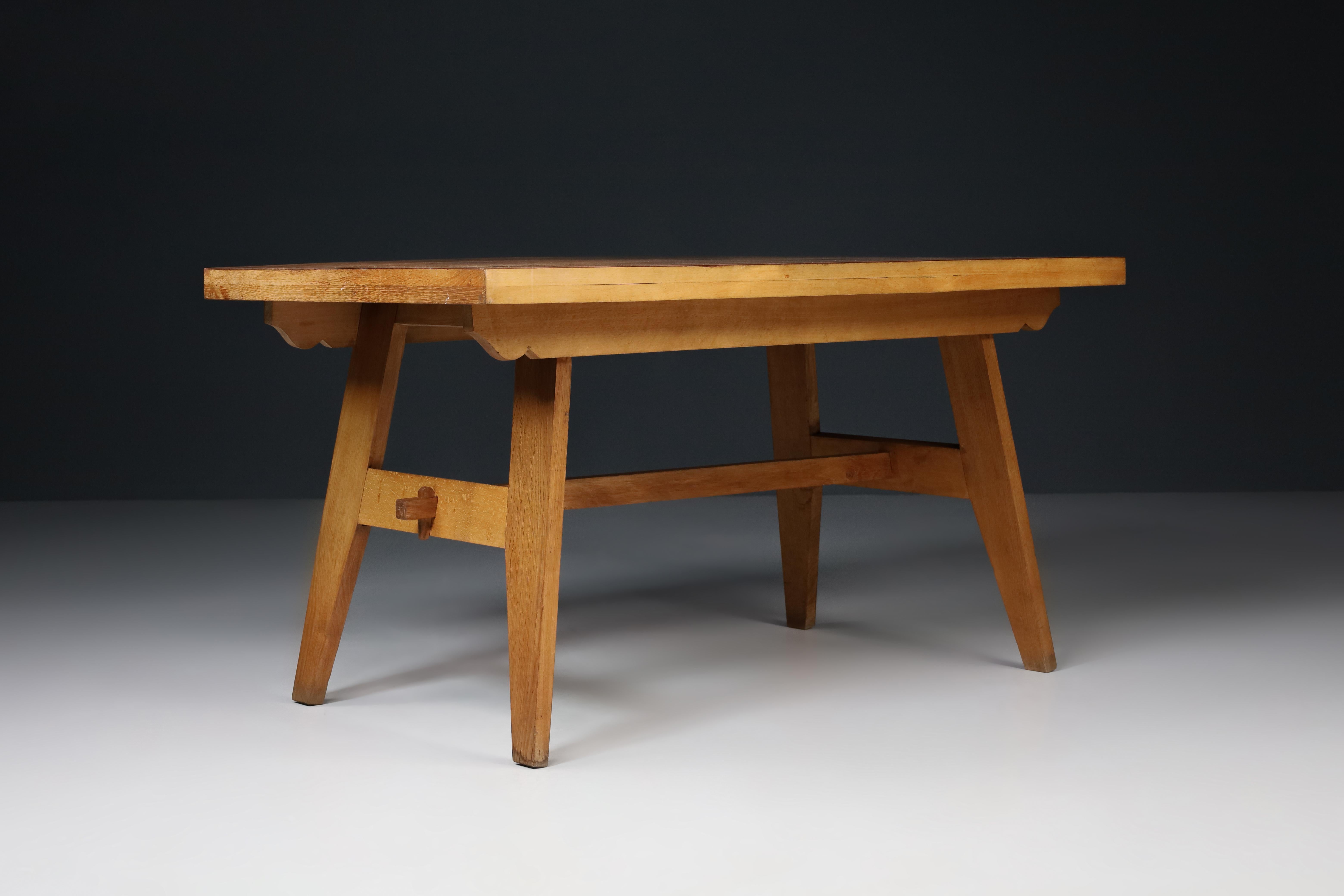 20th Century René Gabriel Blond Oak Reconstruction Table, France, 1950s