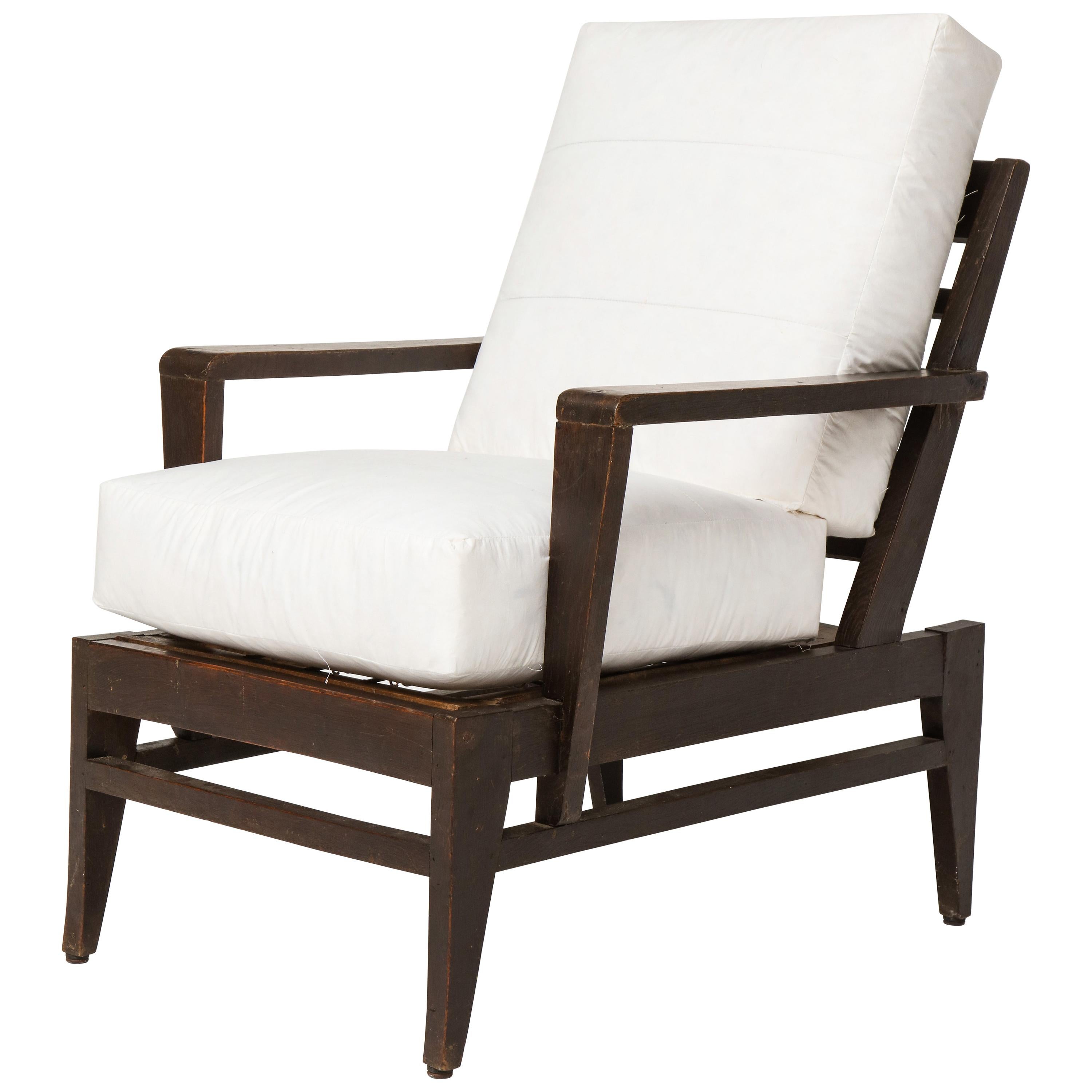 Rene Gabriel Dark Wood Oak Lounge Chair White Cushion Midcentury, France, 1950s