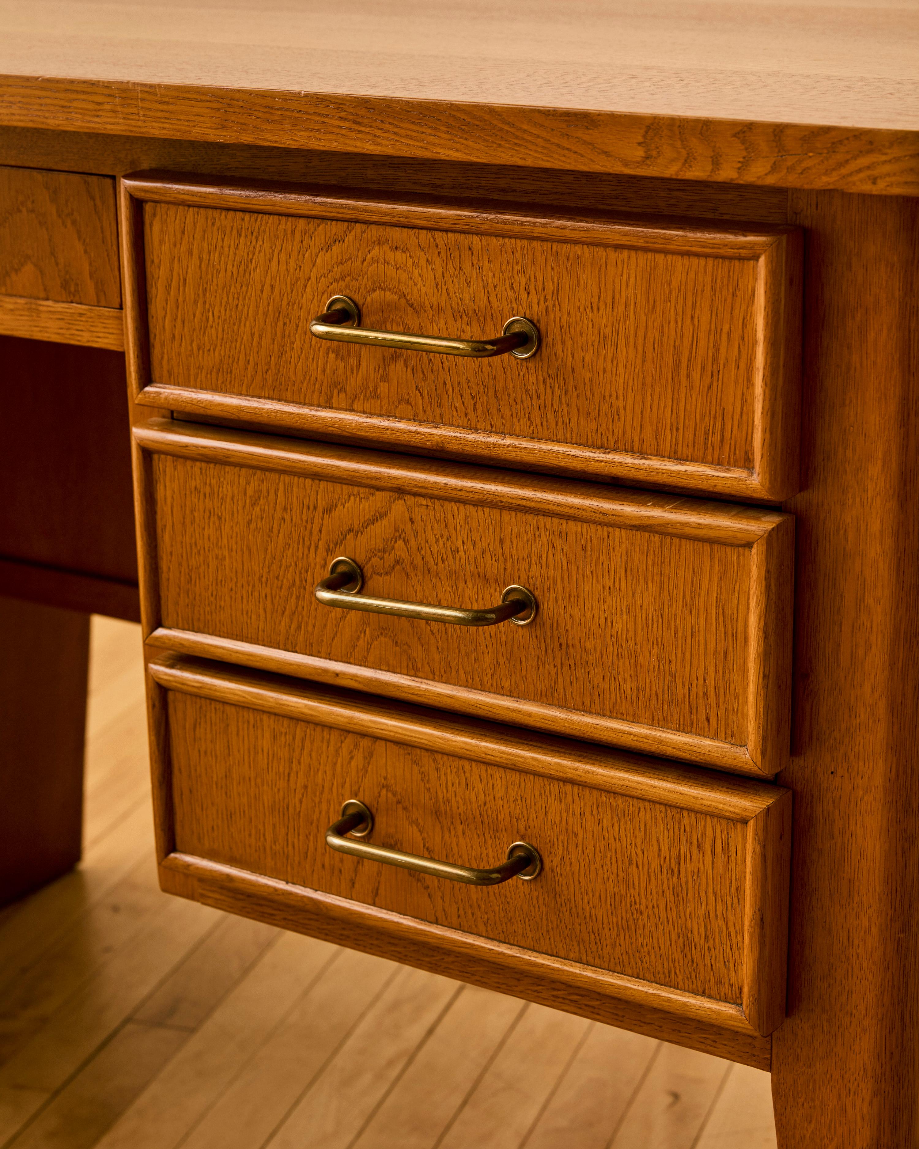 Rene Gabriel Oak and Bronze Desk c. 1950 For Sale 4