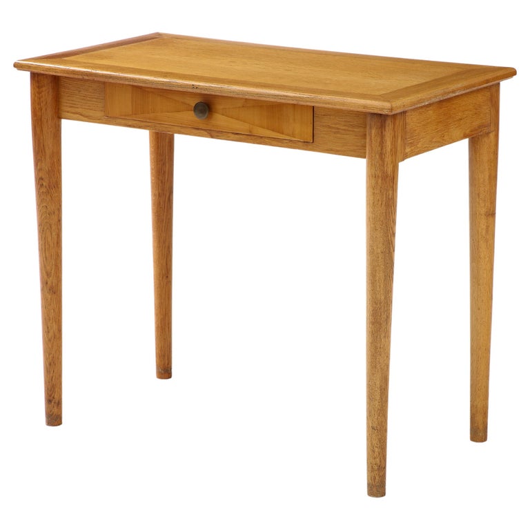 René Gabriel Oak Desk, Side Table w Drawer, France, c. 1945 For Sale at