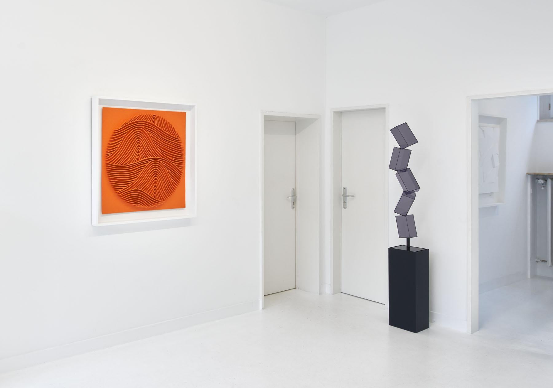 Orange artwork by René Galassi: Calicots et Pigments 100 x 100 cm 2